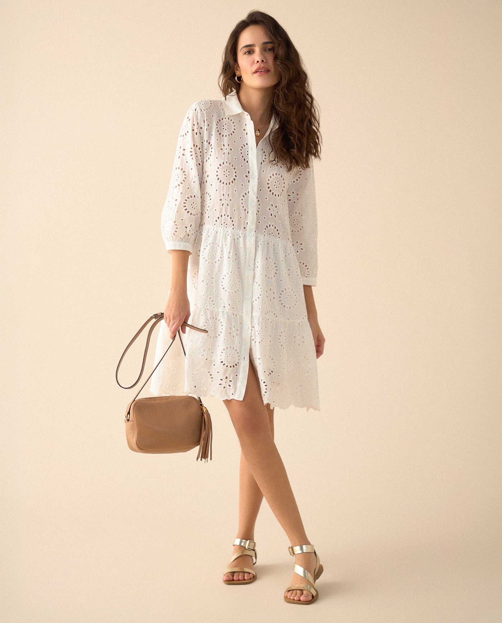 Vestido corto en ojalillo para mujer - Crudo 34_691G002_CRU110602_0
