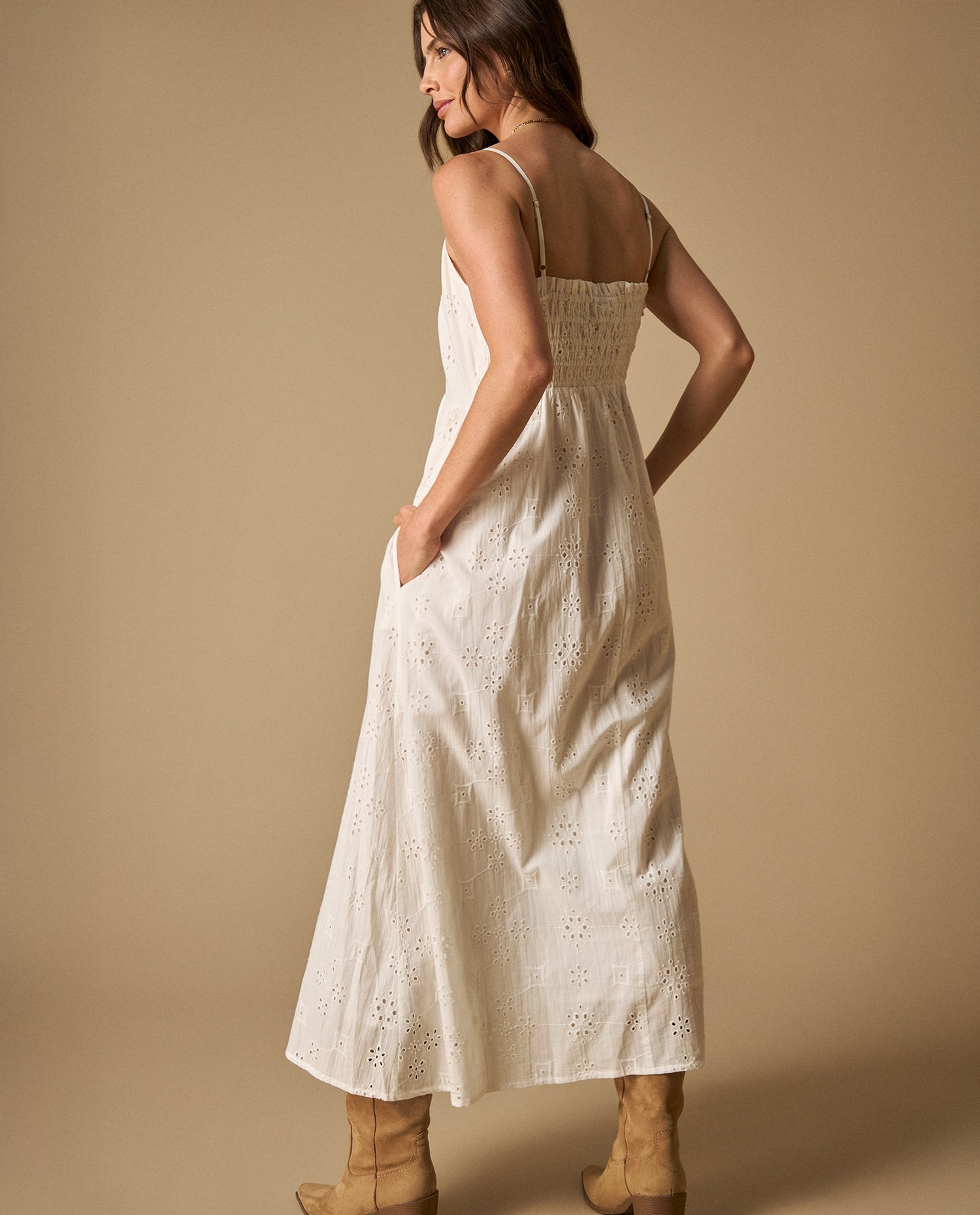 Vestido largo bordado de tiras - Blanco