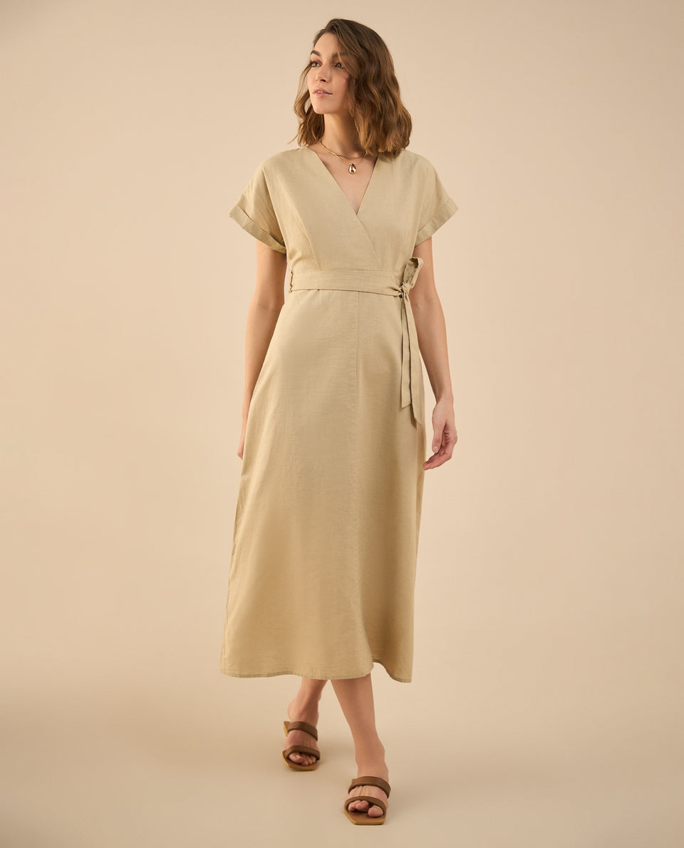 Vestido largo con escote en V para mujer - Beige 34_692G002_BEI151307_3