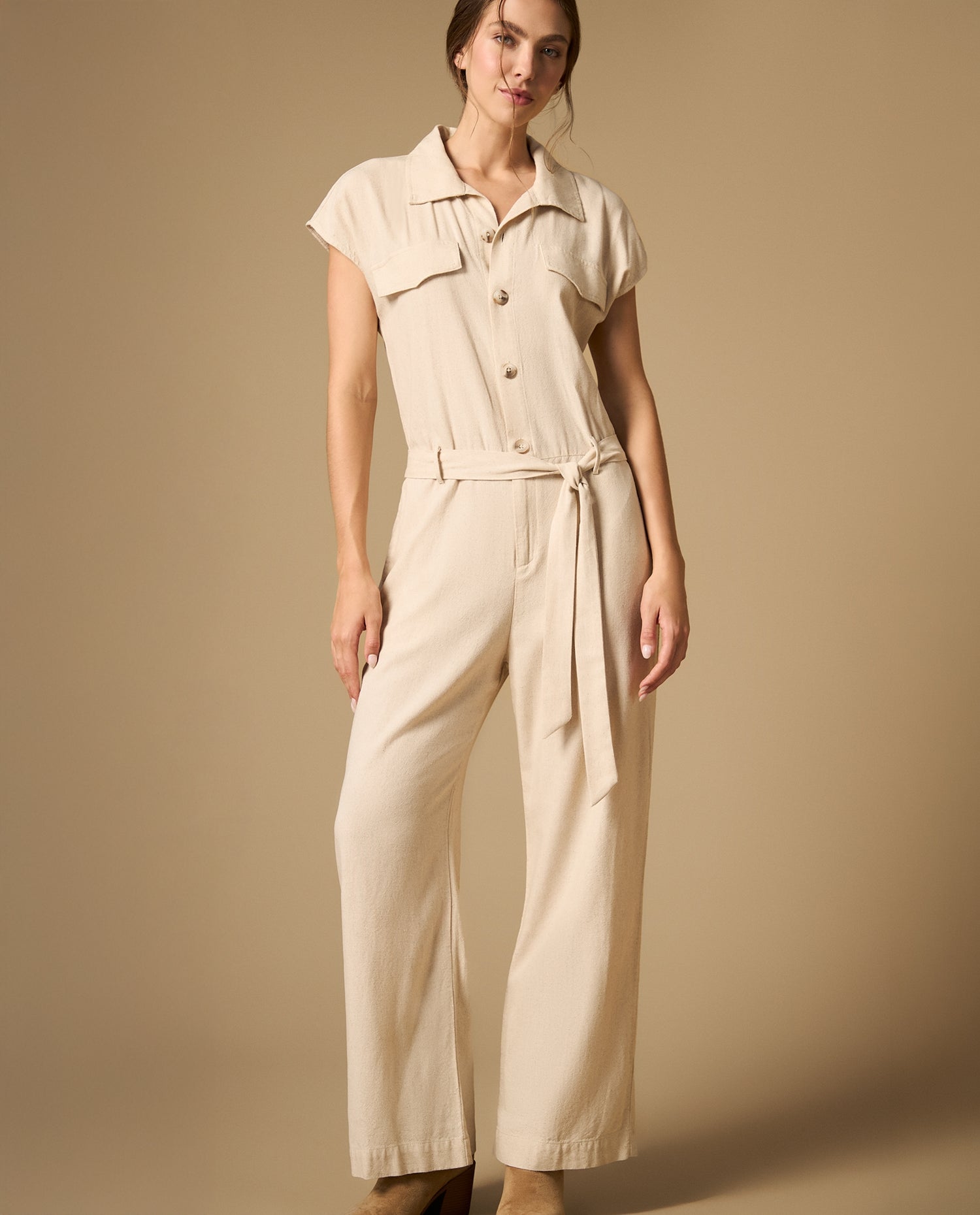 Vestido camisero manga corta con cinturón - Crudo