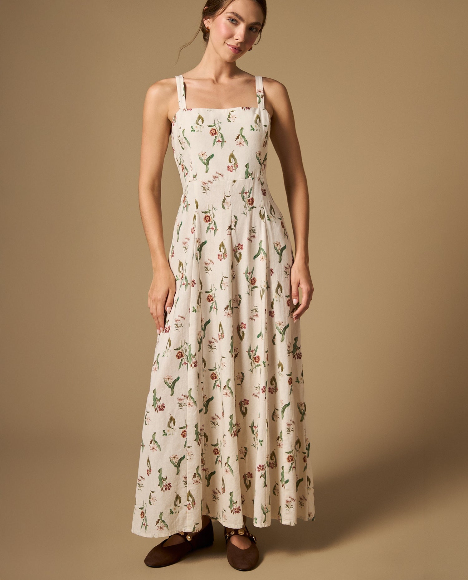 Vestido largo de tiras con estampado floral - Crudo