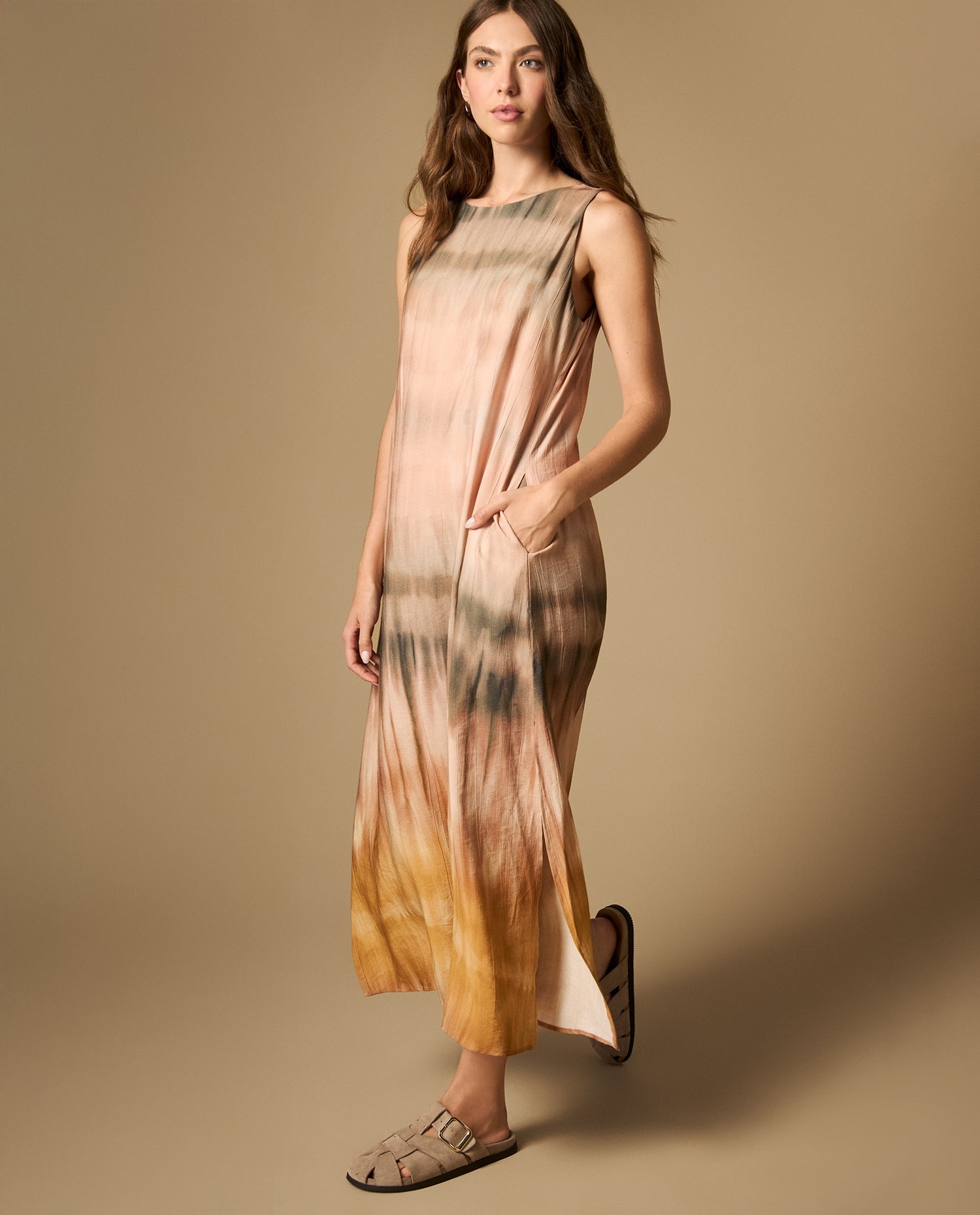Vestido largo estampado manga sisa con bolsillos laterales - Rosa