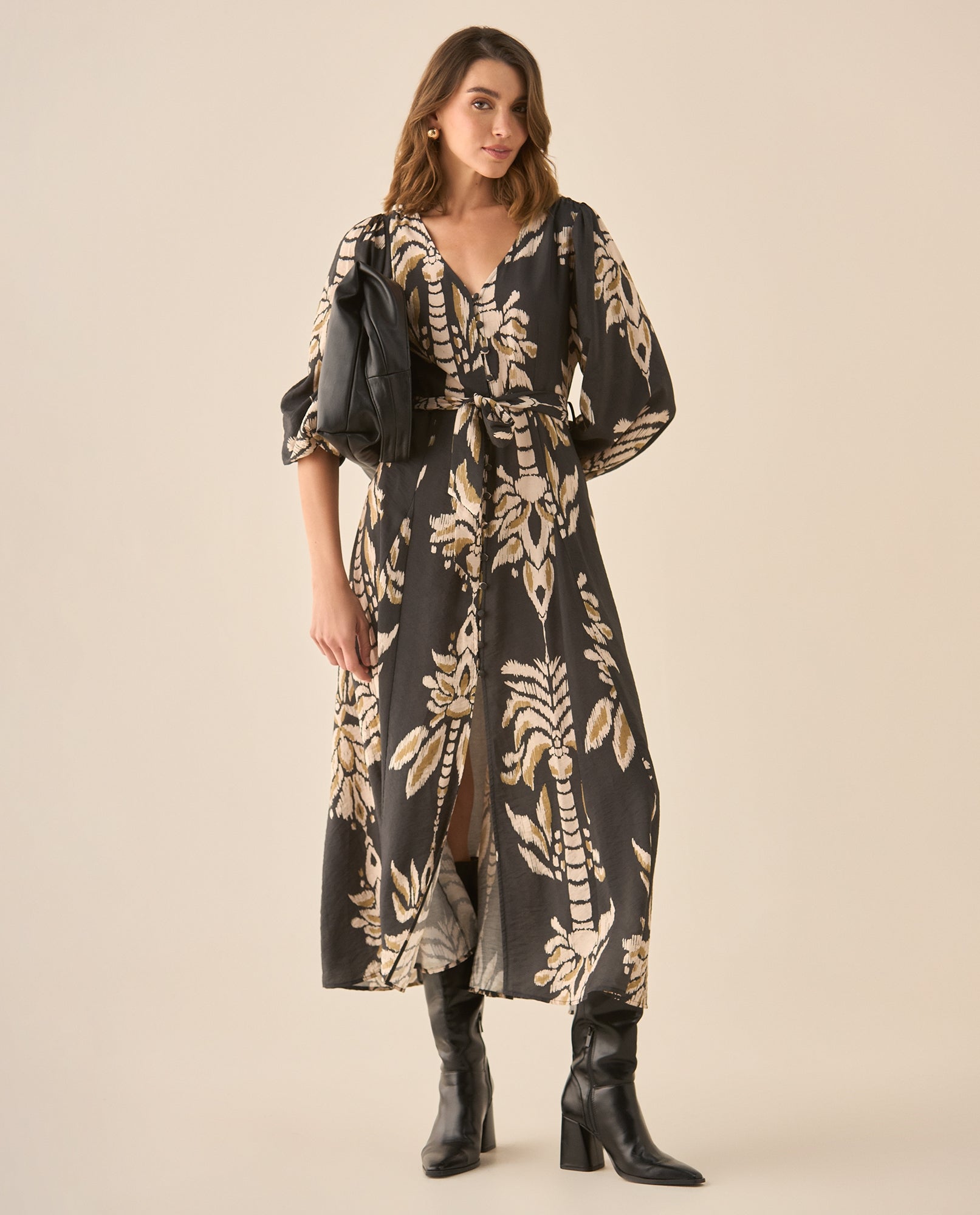 Vestido largo estampado con cinturón para mujer  - Negro 34_693G010_NEG190303_0
