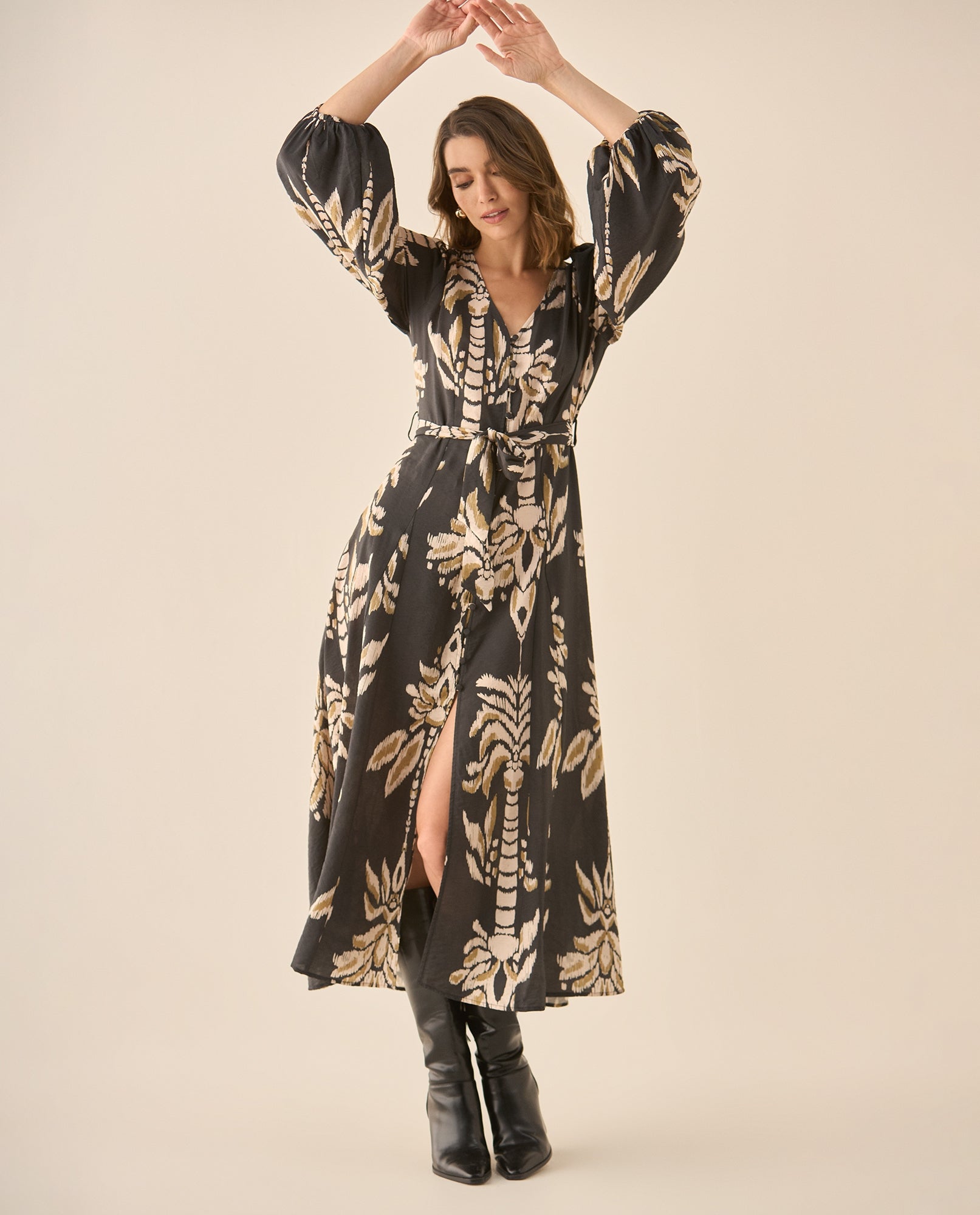 Vestido largo estampado con cinturón para mujer  - Negro 34_693G010_NEG190303_3