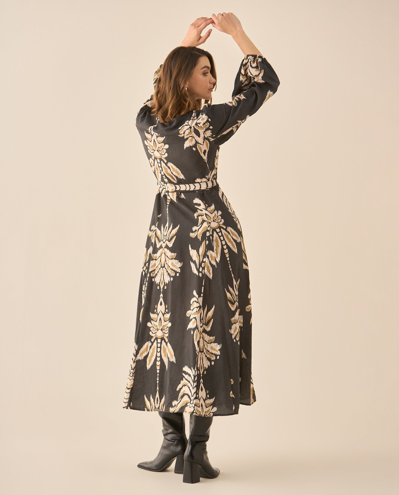 Vestido largo estampado con cinturón para mujer  - Negro 34_693G010_NEG190303_4