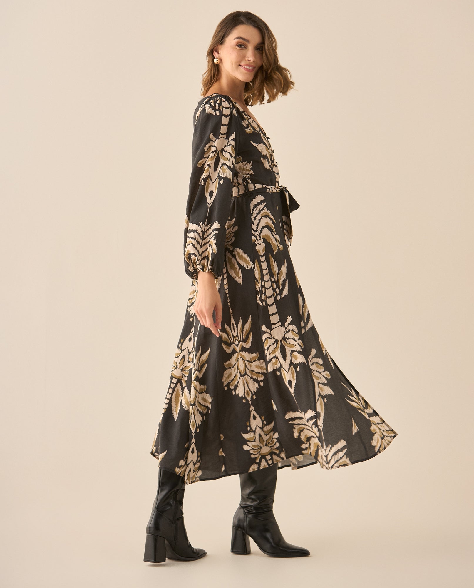 Vestido largo estampado con cinturón para mujer  - Negro 34_693G010_NEG190303_5