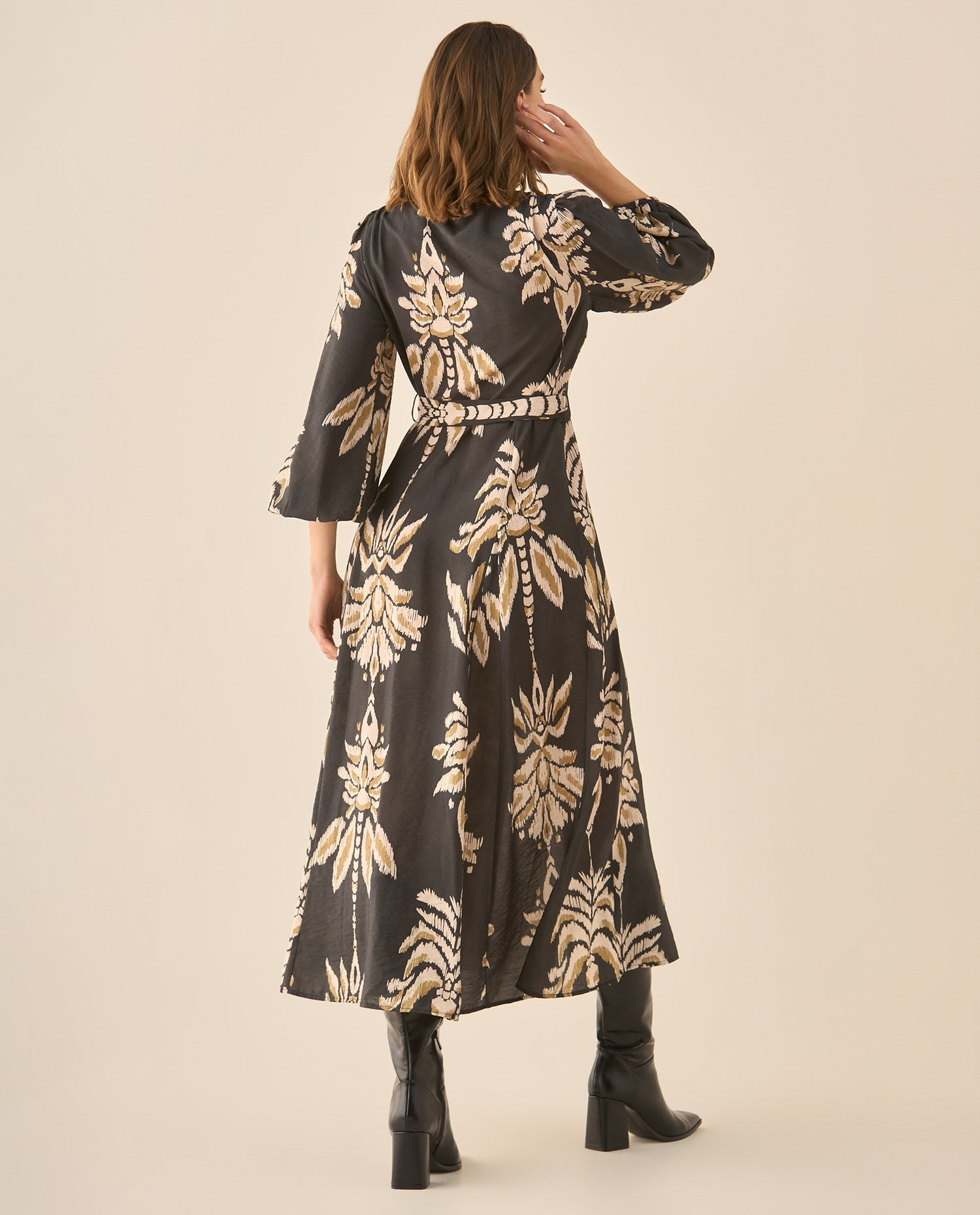Vestido largo estampado con cinturón para mujer  - Negro