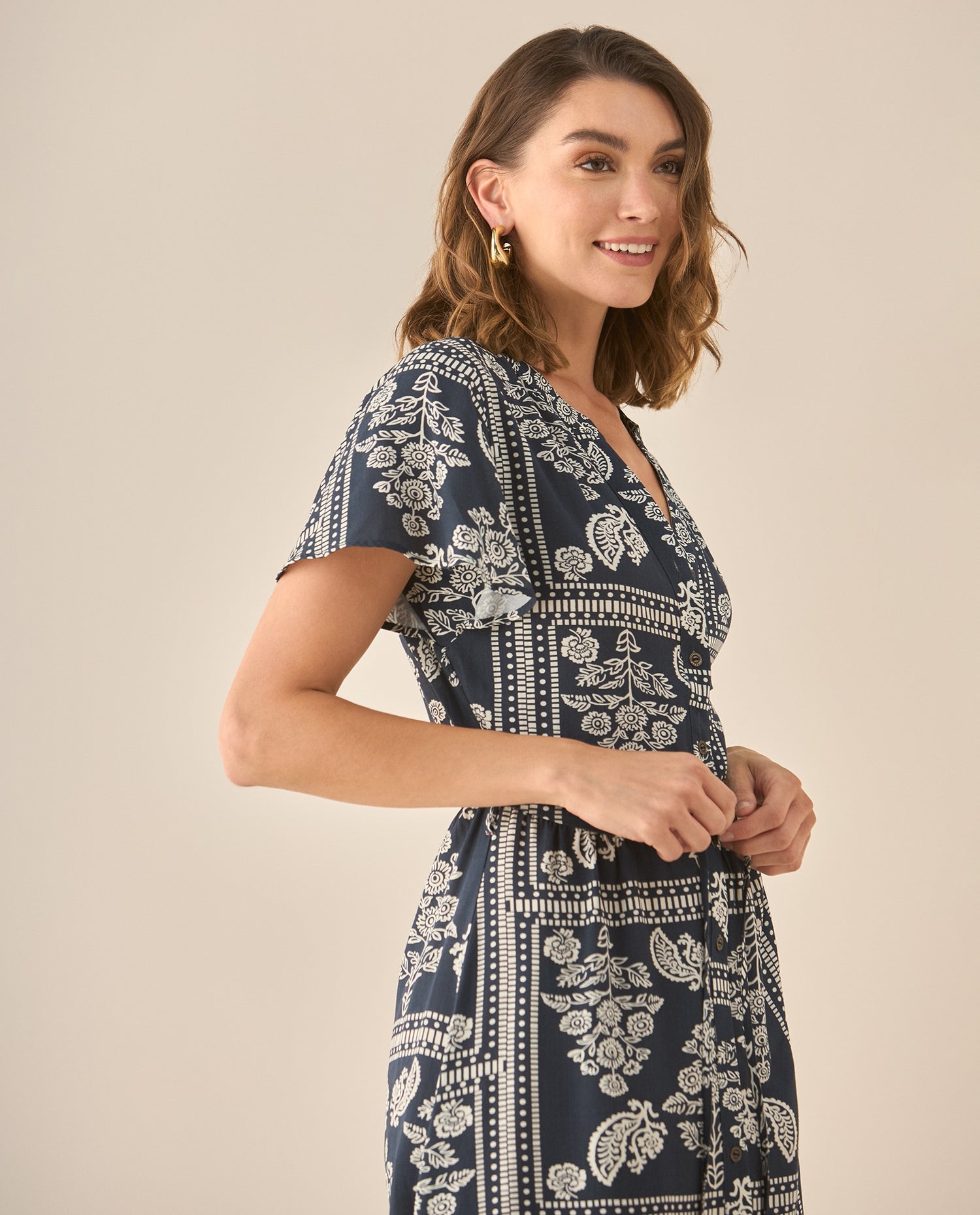 Vestido corto manga corta acampanada para mujer - Azul