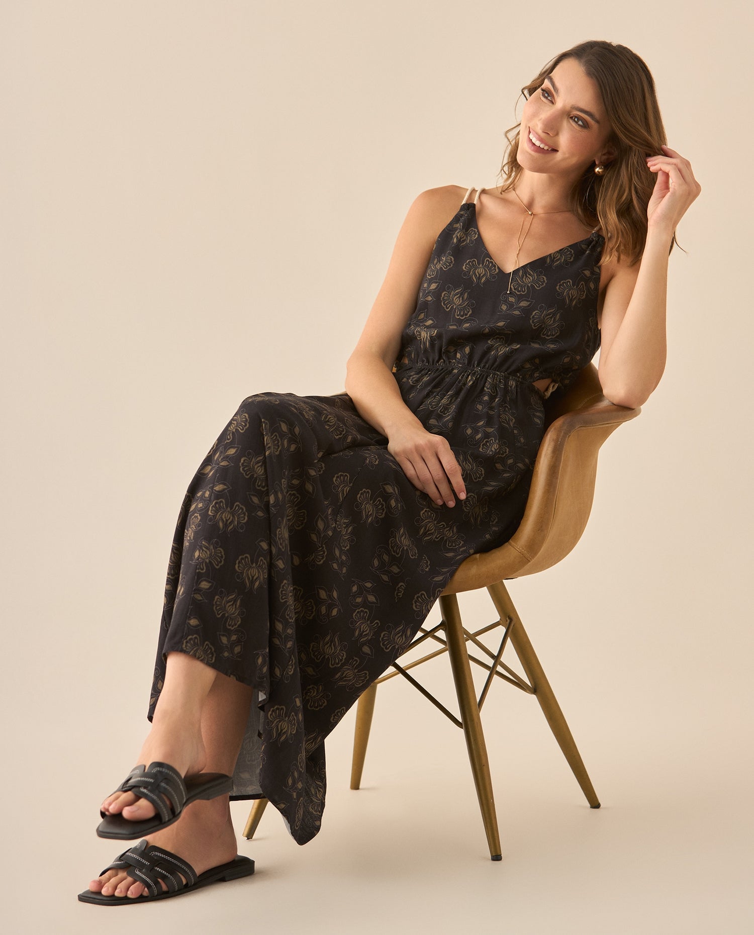 Vestido largo con mini aberturas laterales para mujer - Negro