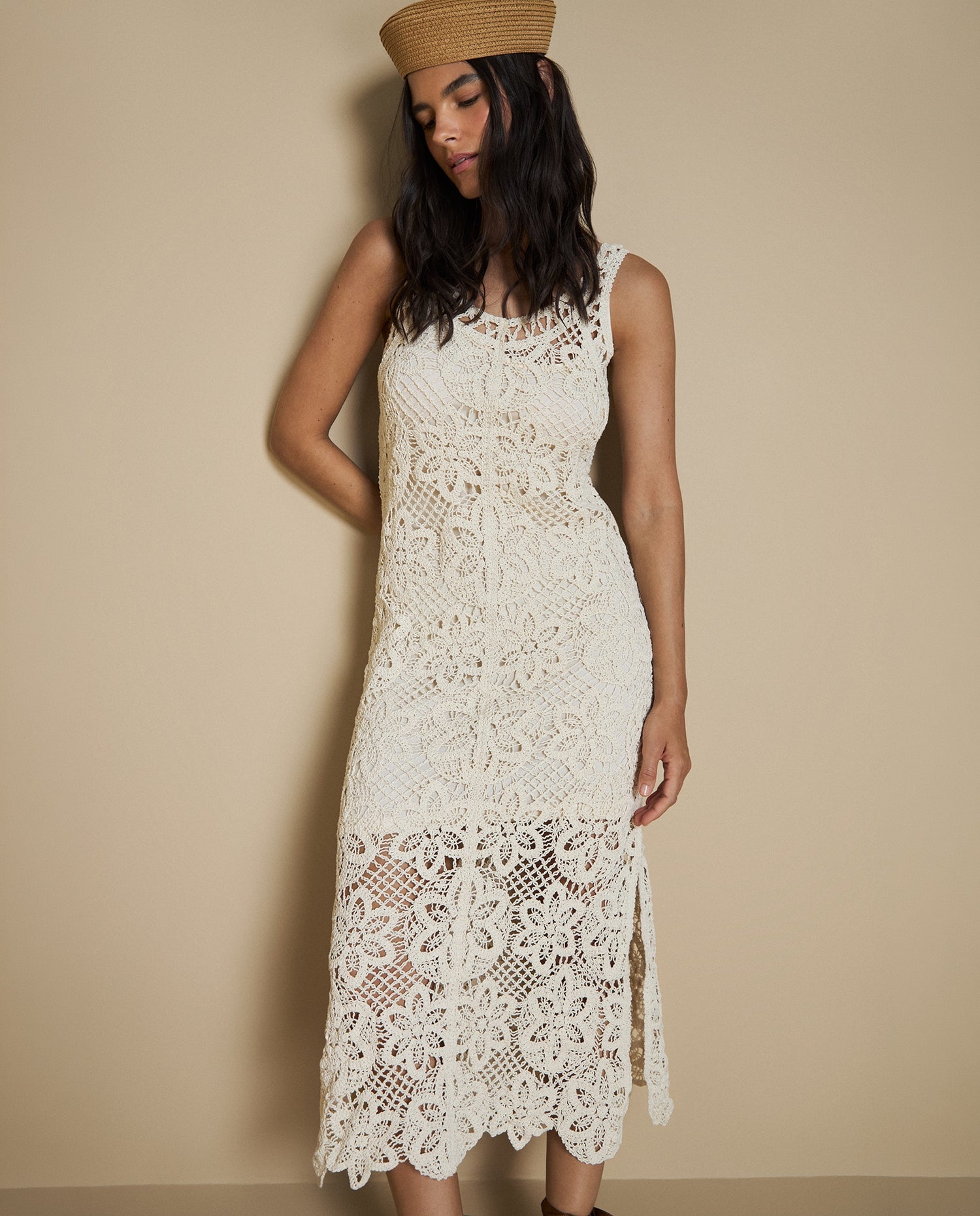 Vestido tejido crochet largo - Crudo