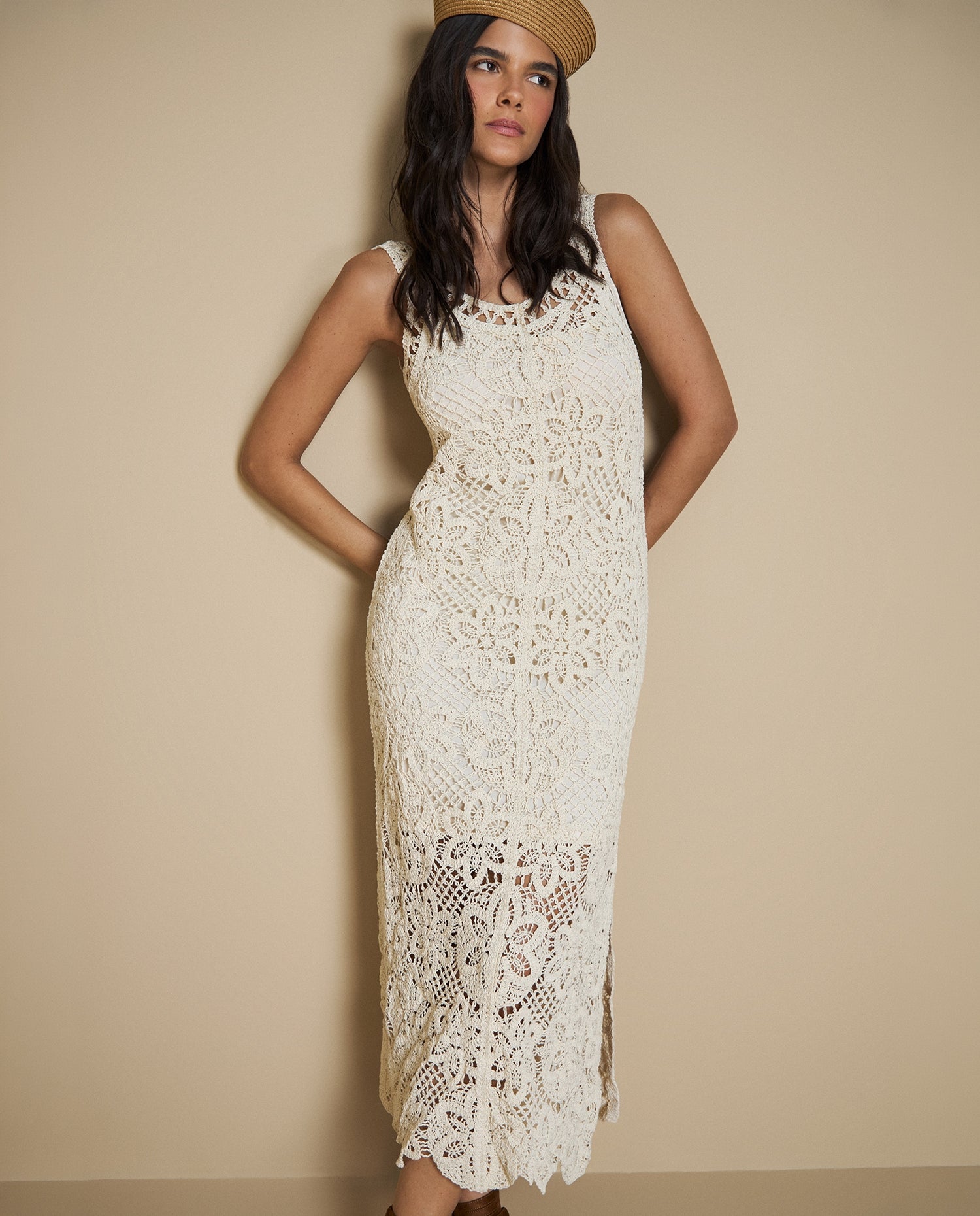 Vestido tejido crochet largo - Crudo