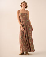 Vestido Largo Floral con Tirantes Ajustables - Café