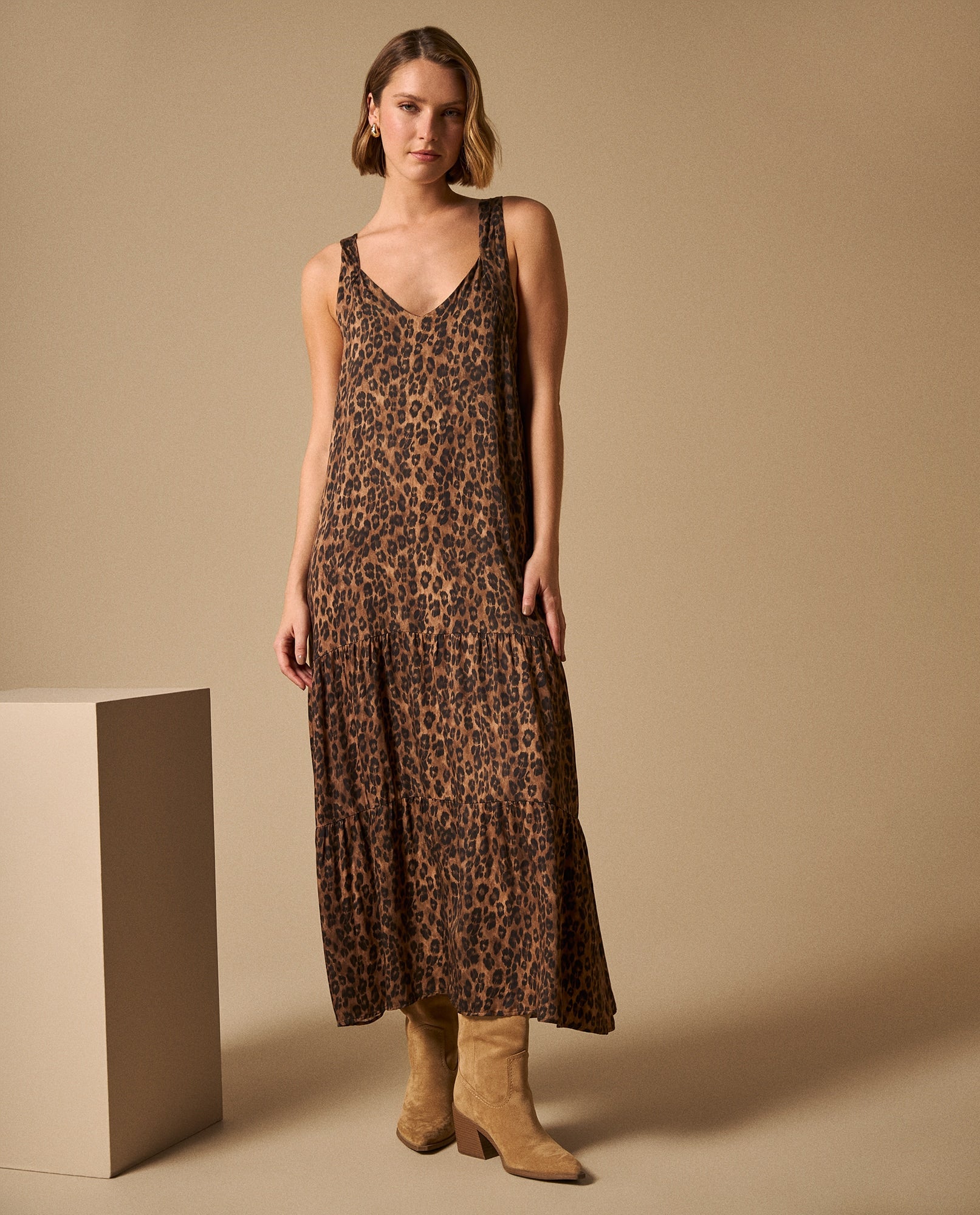 Vestido Largo Animal Print con Tirantes Cruzados - Beige 34_699G017_BEI161315_0