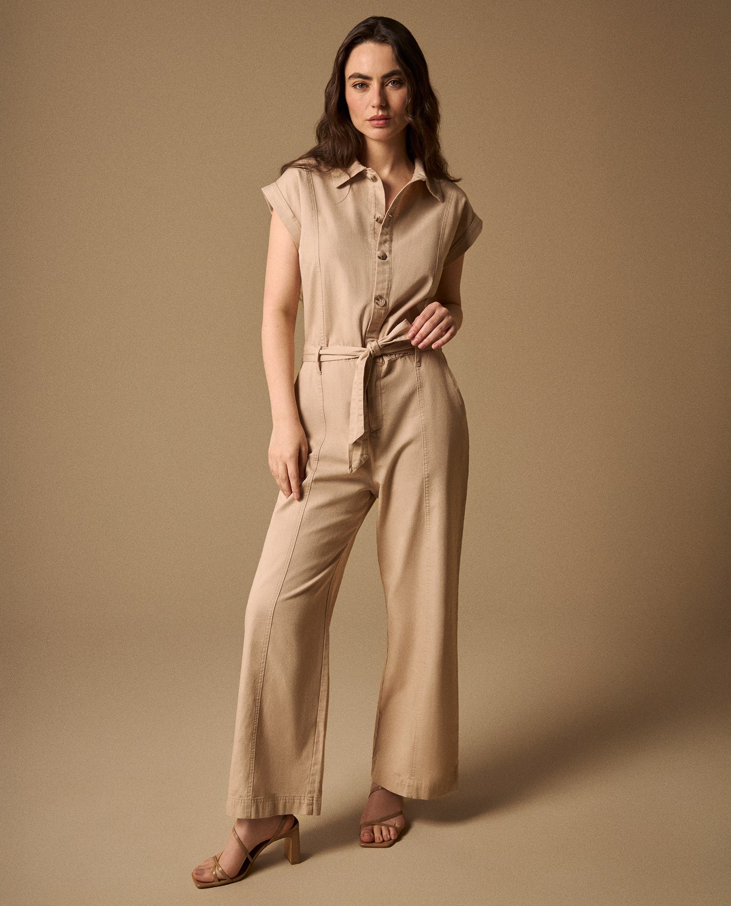Enterizo Beige Piernas Anchas con Cinturón - Beige