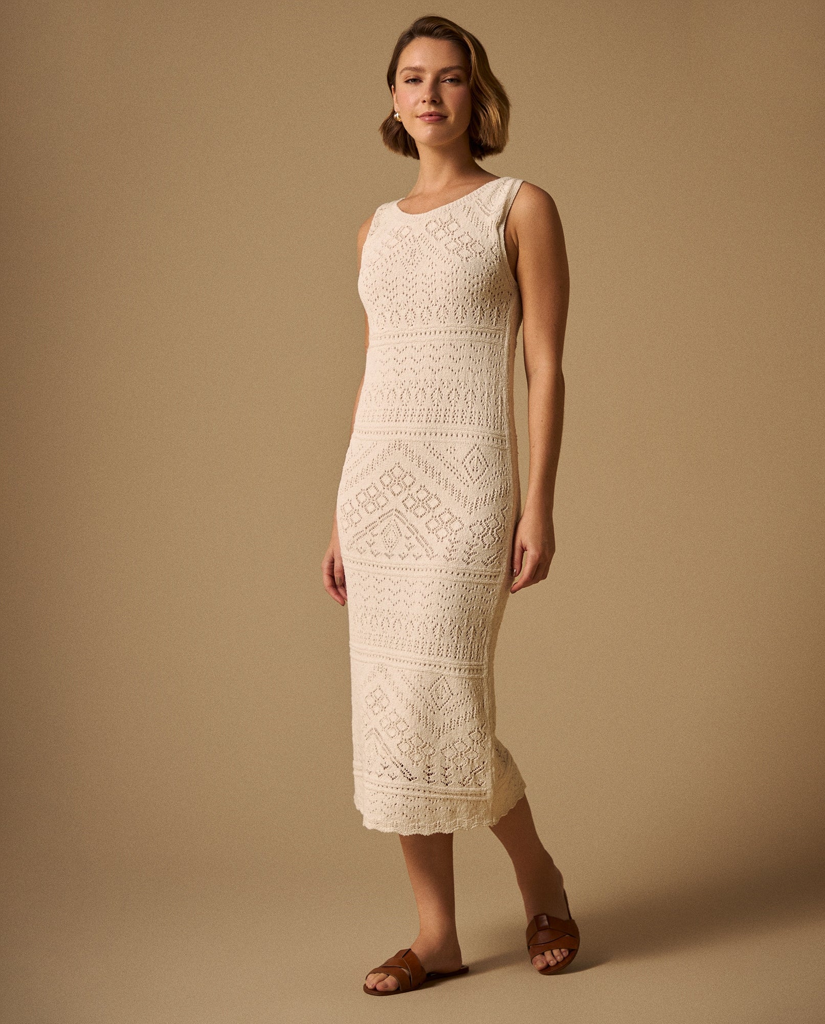 Vestido Midi Tejido Calado con Cordón Espalda - Crudo 34_699G219_CRU110110_0