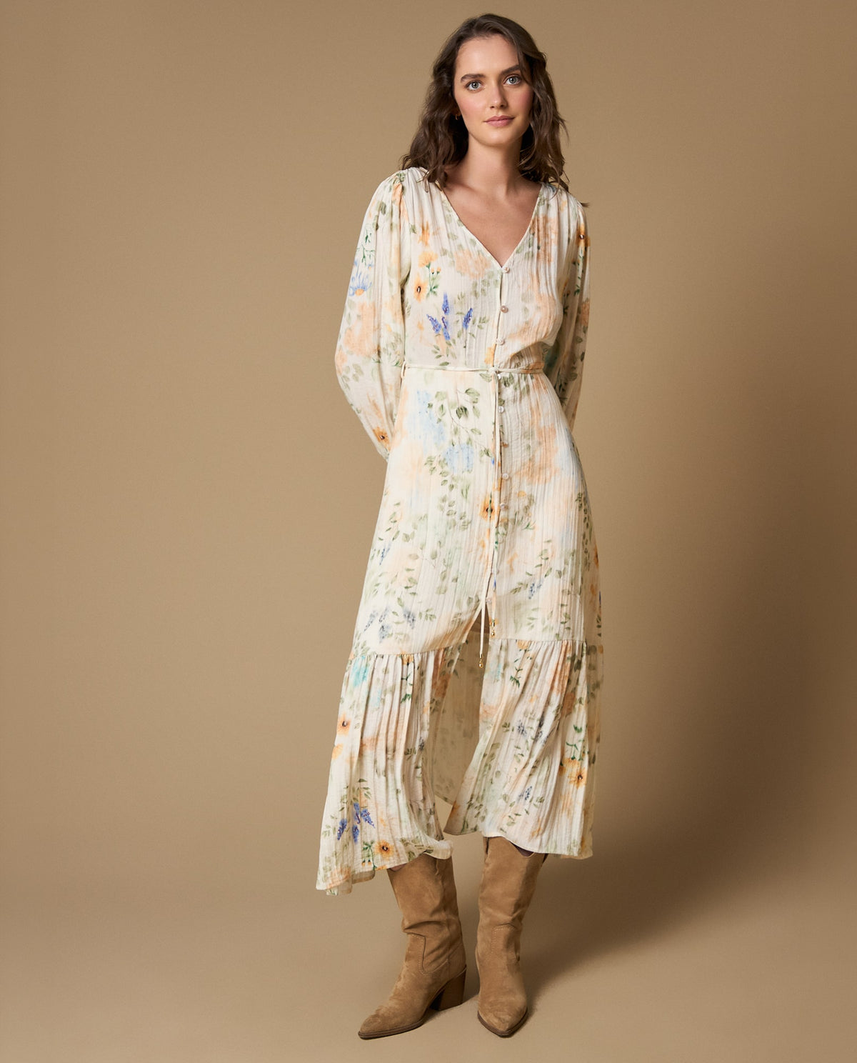 Vestido largo floral manga larga - Crudo 34_699H000_CRU114201_0