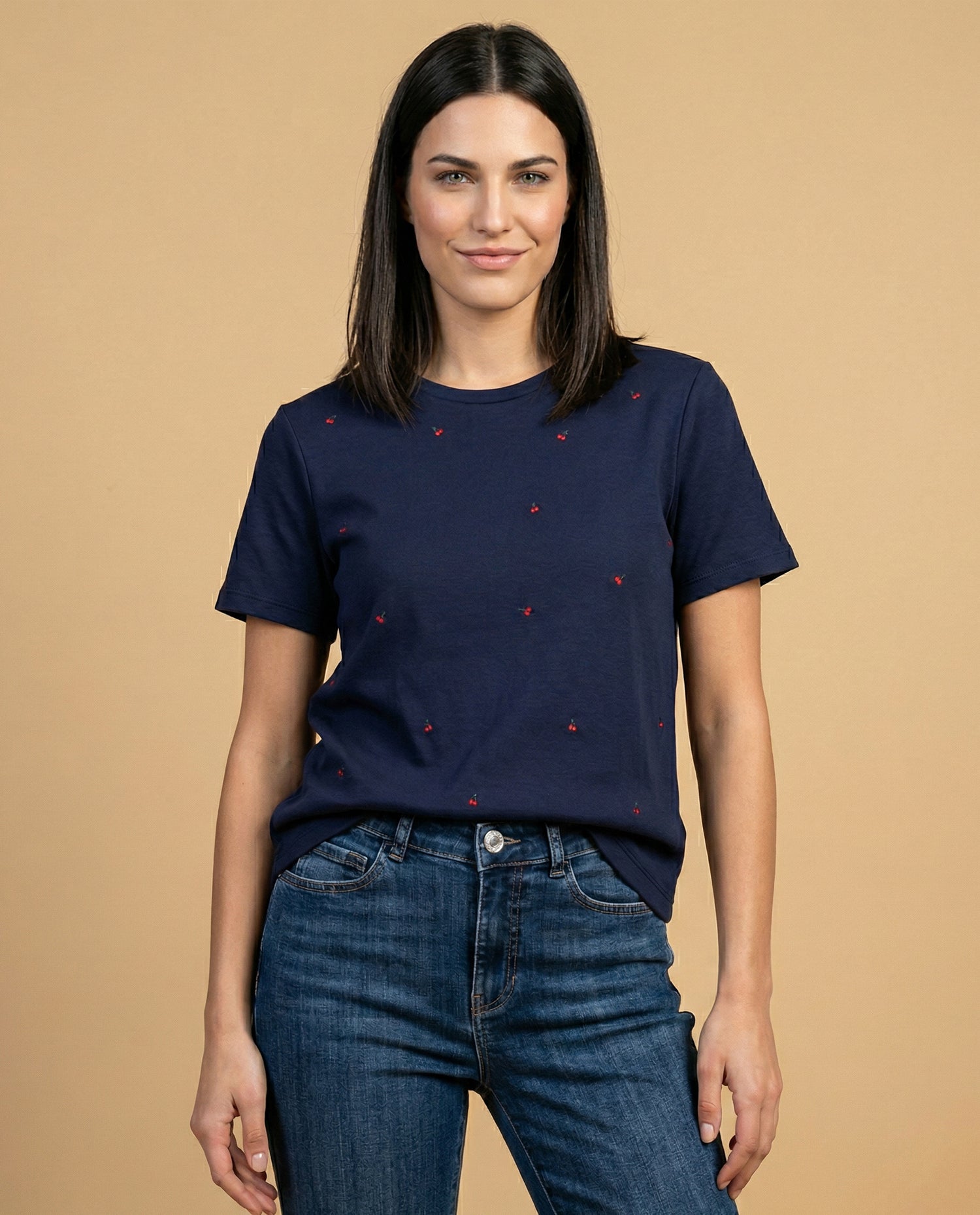Camiseta bordada manga corta cuello redondo - Azul