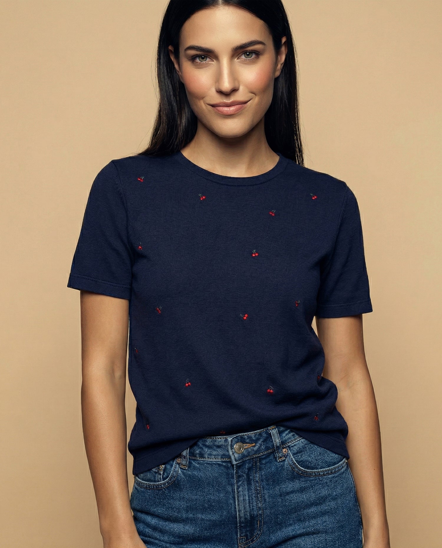 Camiseta bordada manga corta cuello redondo - Azul