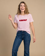 Camiseta rayas bordado manga corta - Crudo