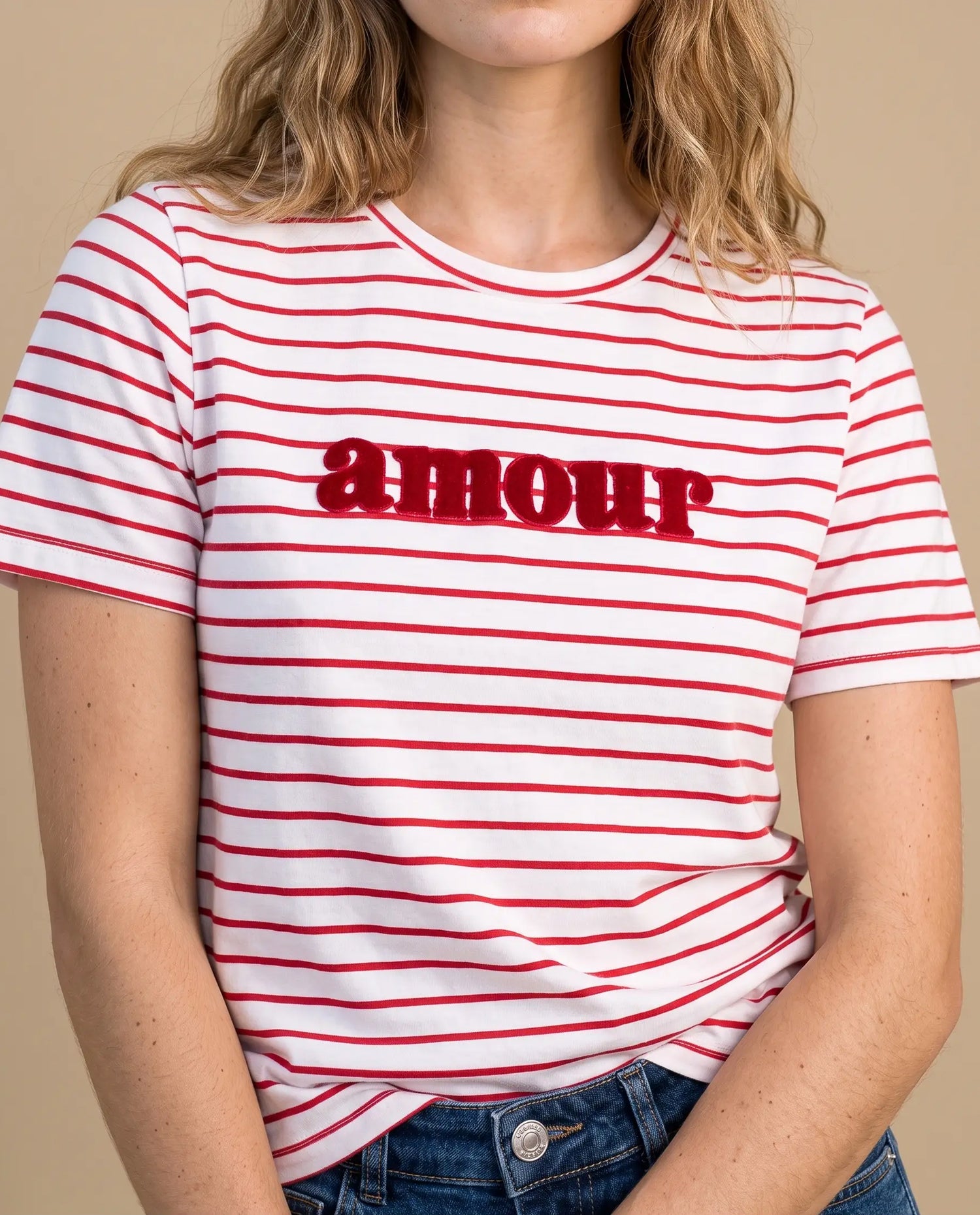 Camiseta rayas bordado manga corta - Crudo