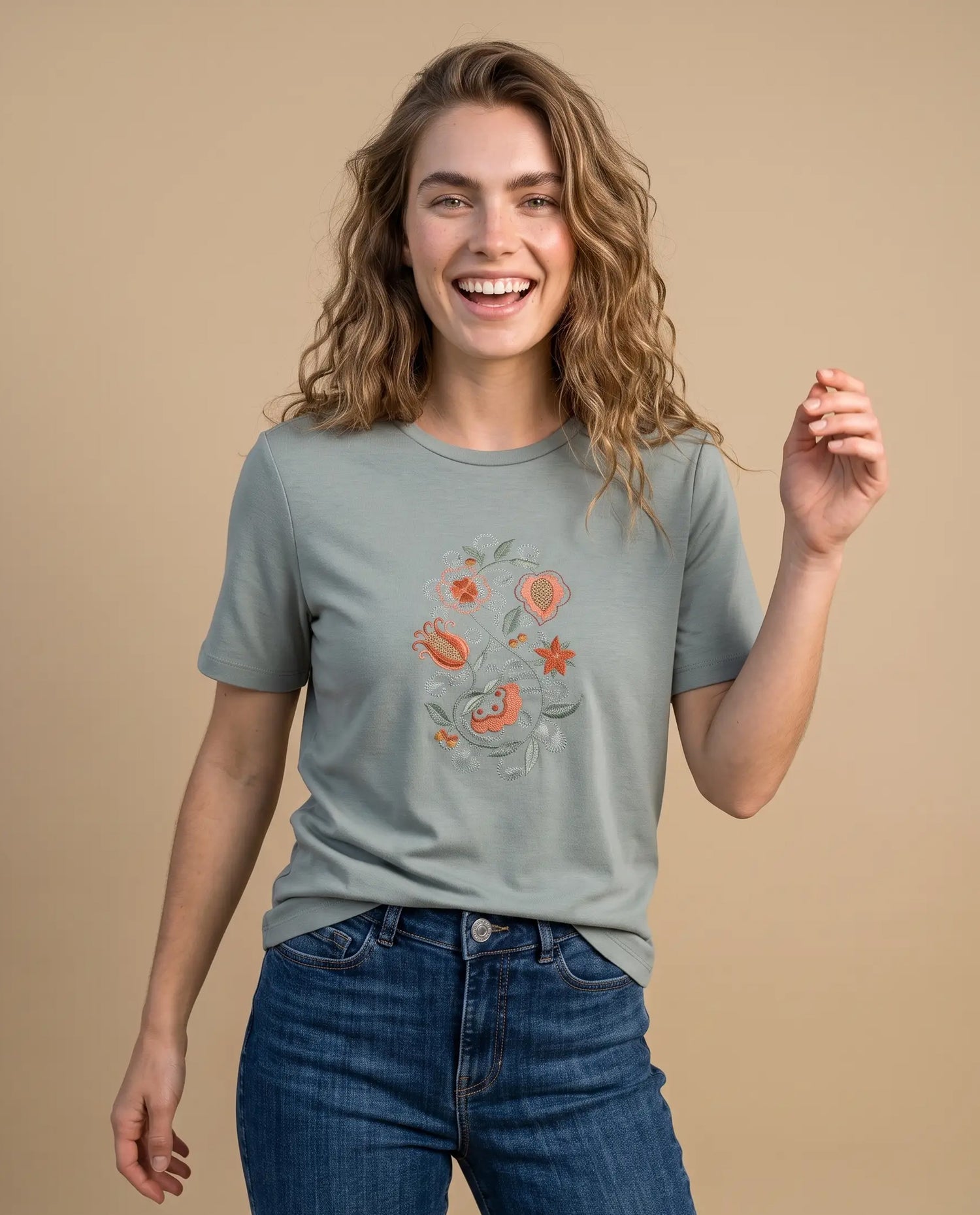 Camiseta manga corta rayas flor bordada - Verde