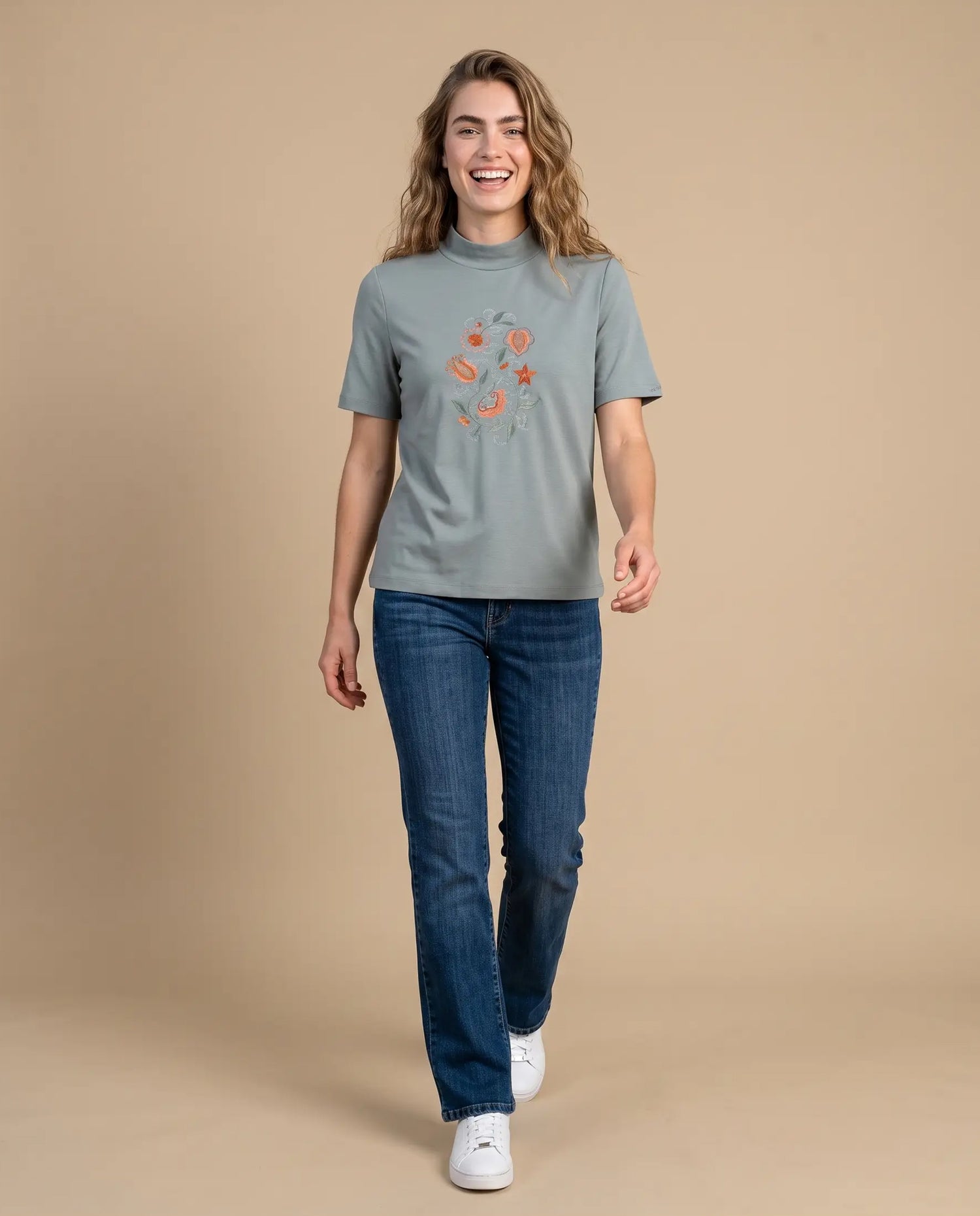 Camiseta manga corta rayas flor bordada - Verde