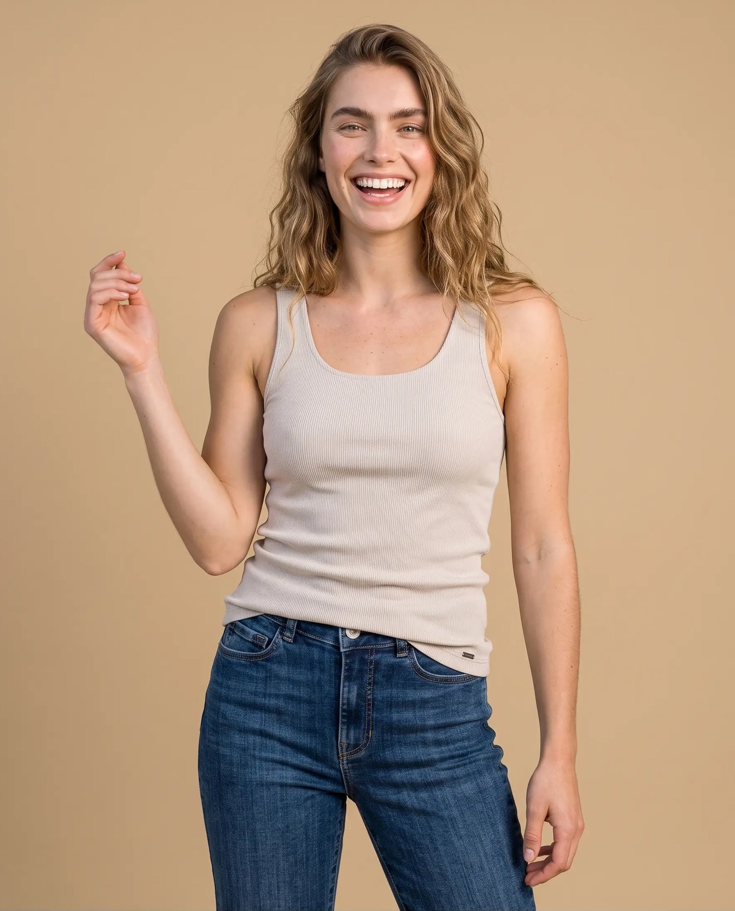 Camiseta manga sisa slim algodón - Beige