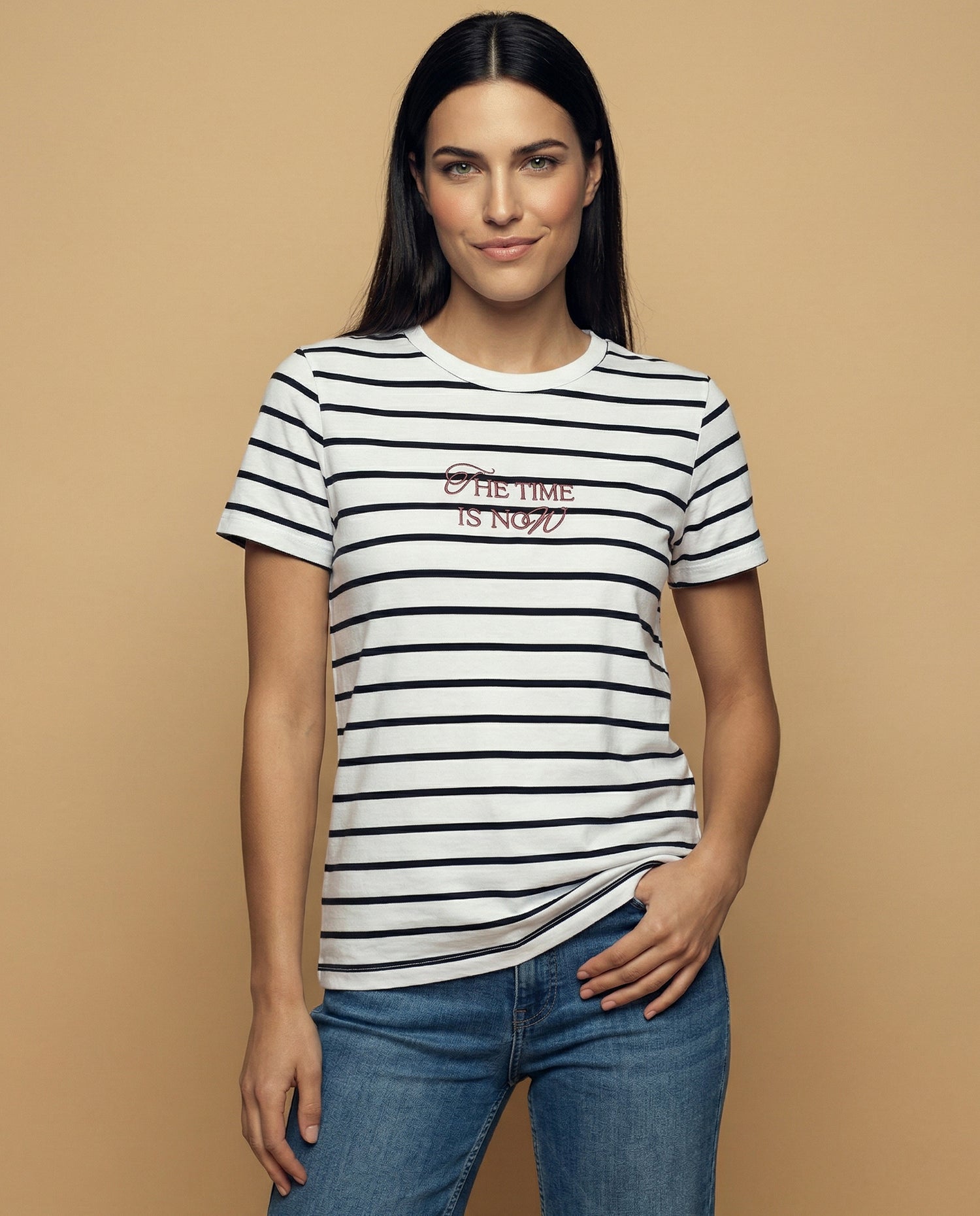 Camiseta bordada manga corta cuello redondo - Azul