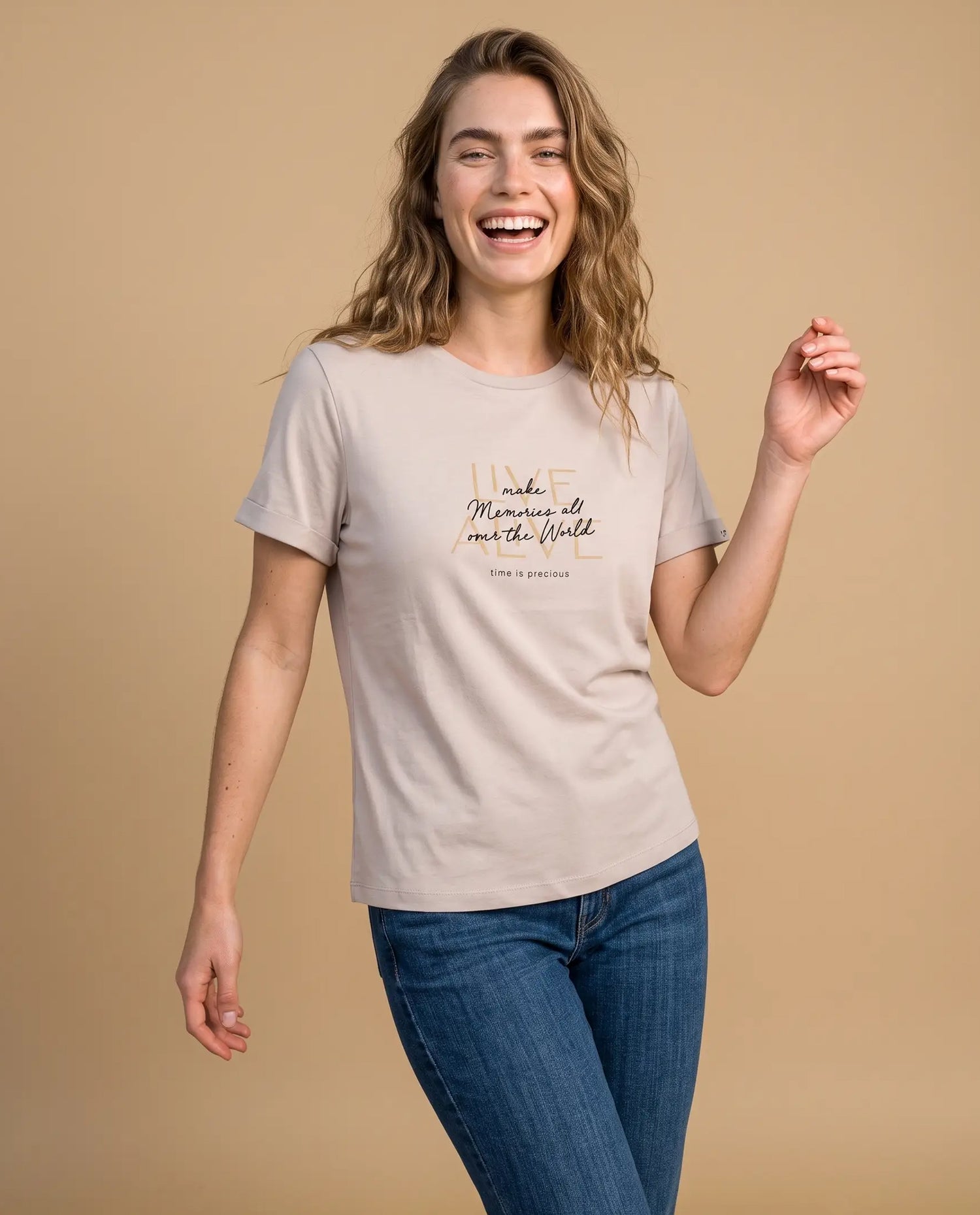 Camiseta manga corta bordado texto - Beige