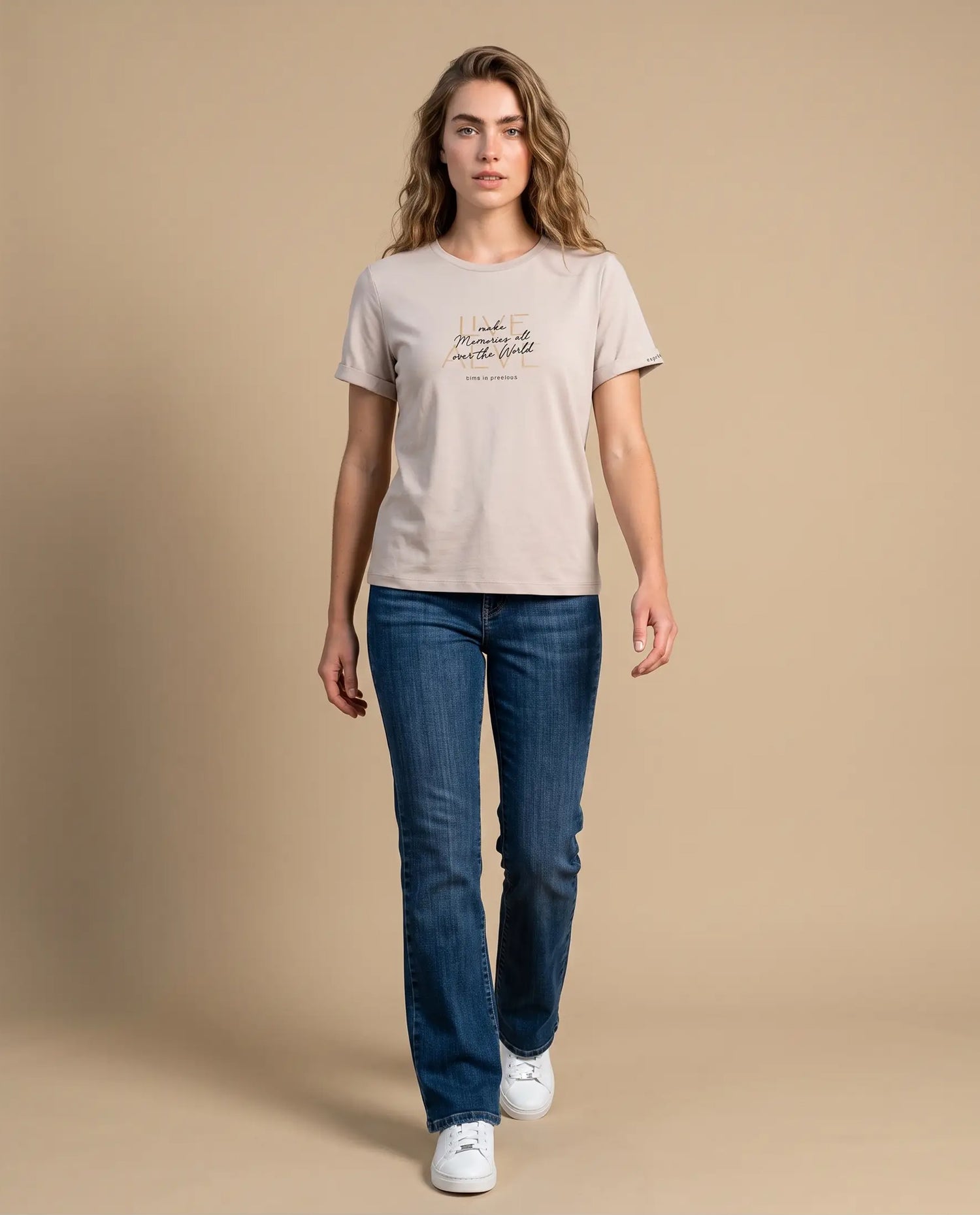 Camiseta manga corta bordado texto - Beige