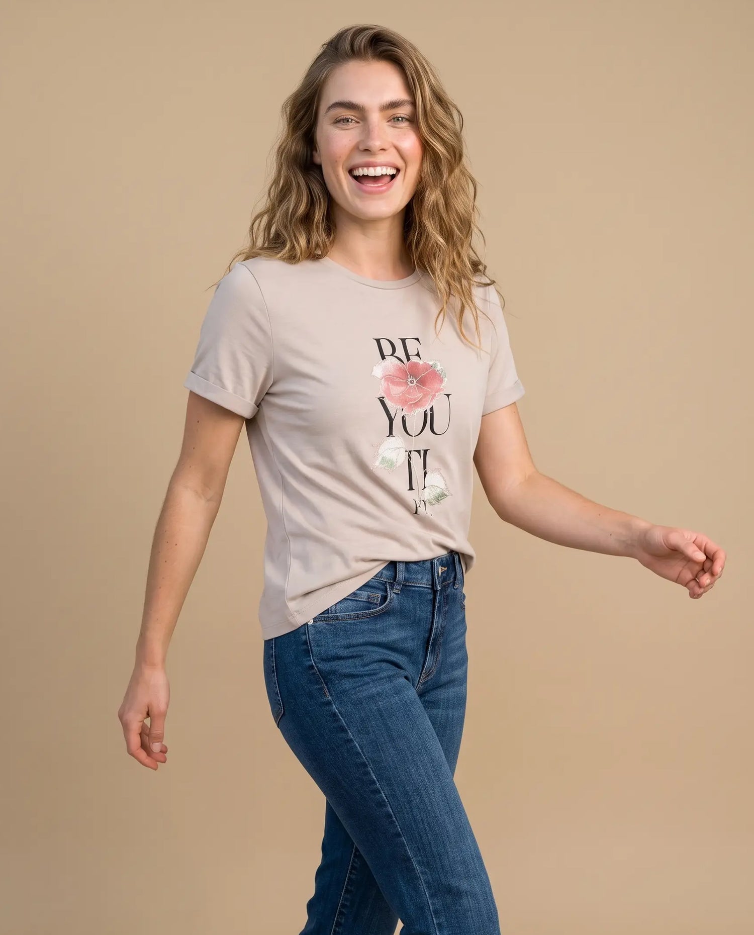 Camiseta manga corta estampada - Beige