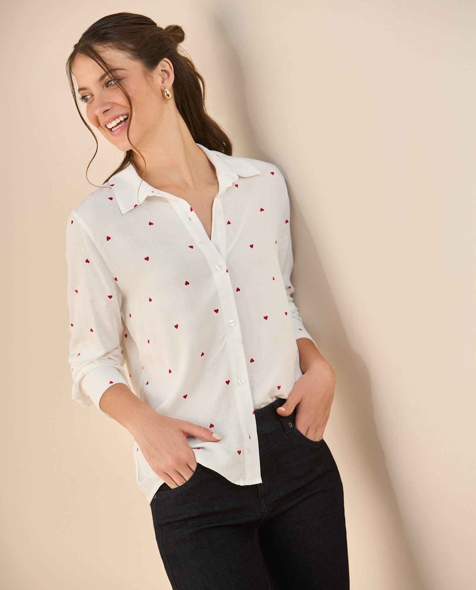 Camisa con mini prints de corazones para mujer - Blanco 34_912G312_BLA110700_0
