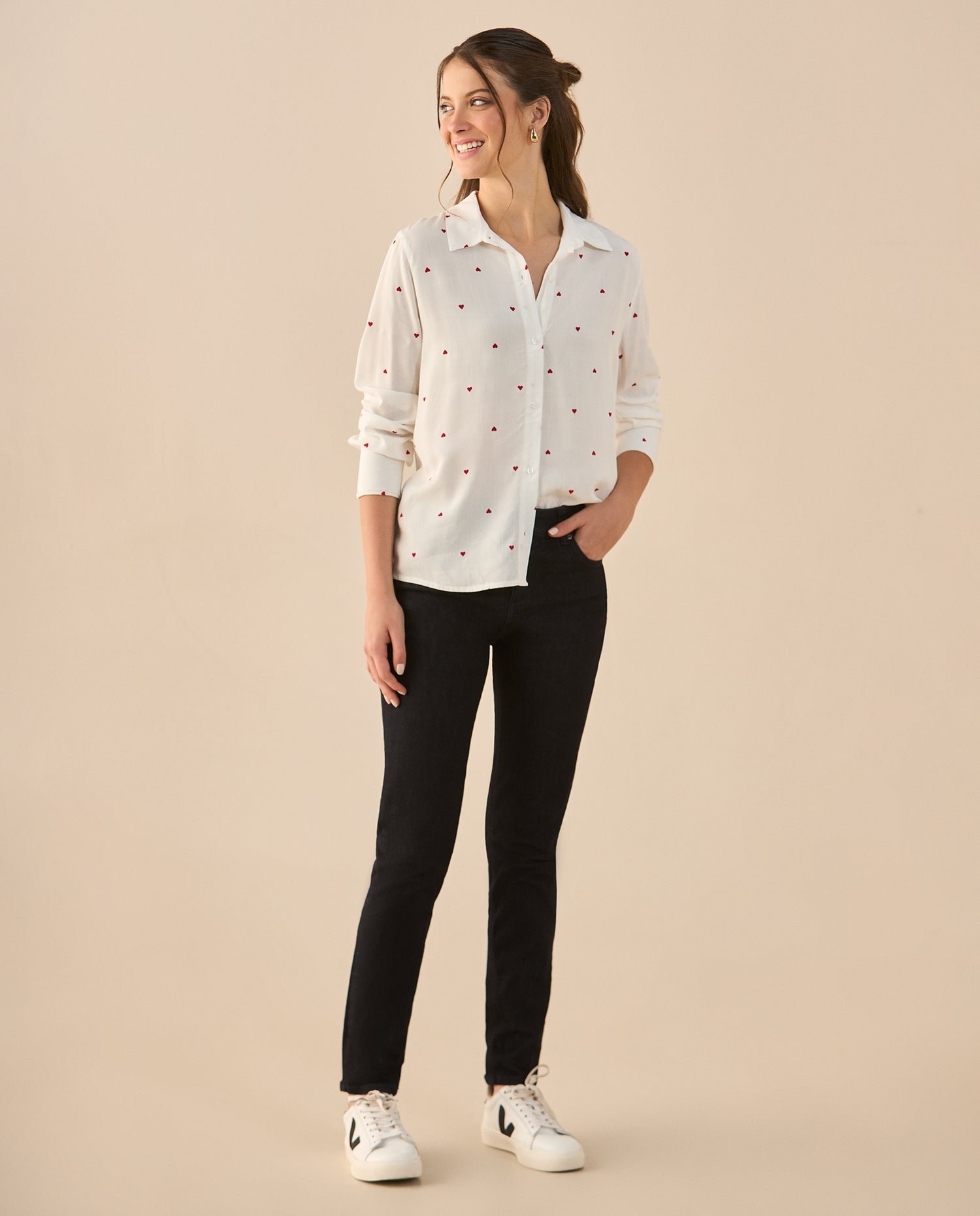 Camisa con mini prints de corazones para mujer - Blanco