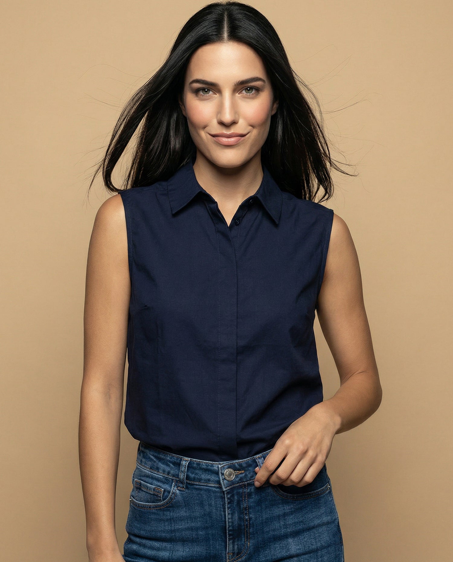 Camisa manga corta cuello camisero en algodón - Azul