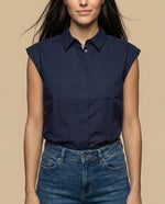 Camisa manga corta cuello camisero en algodón - Azul