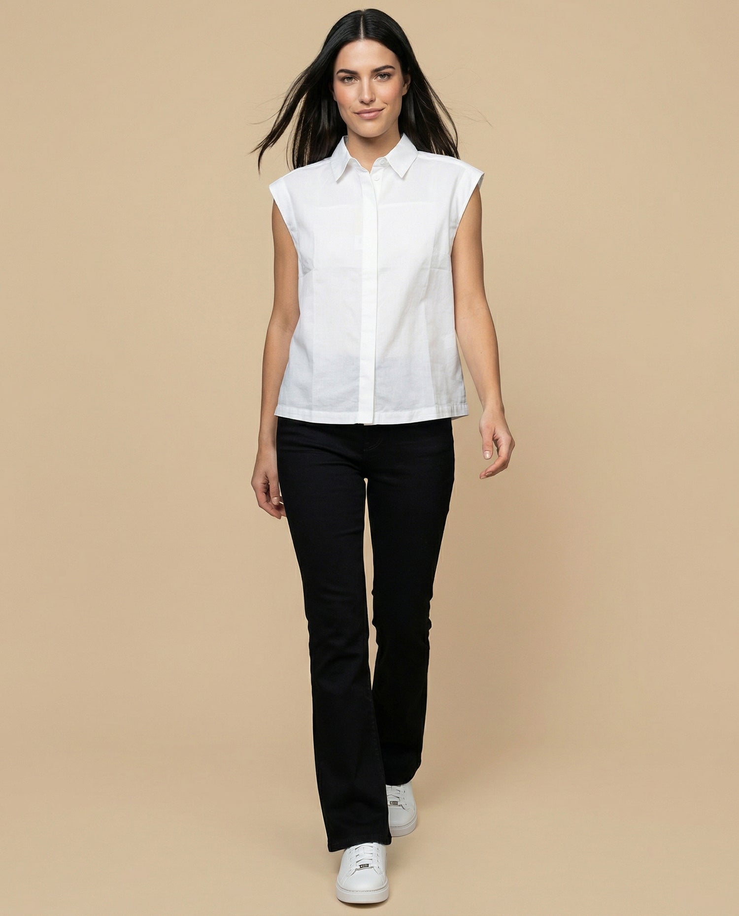 Camisa manga corta cuello camisero en algodón - Blanco