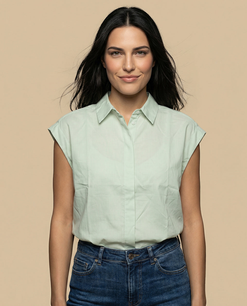 Camisa manga corta cuello camisero en algodón - Verde 34_912H000_VER140121_7