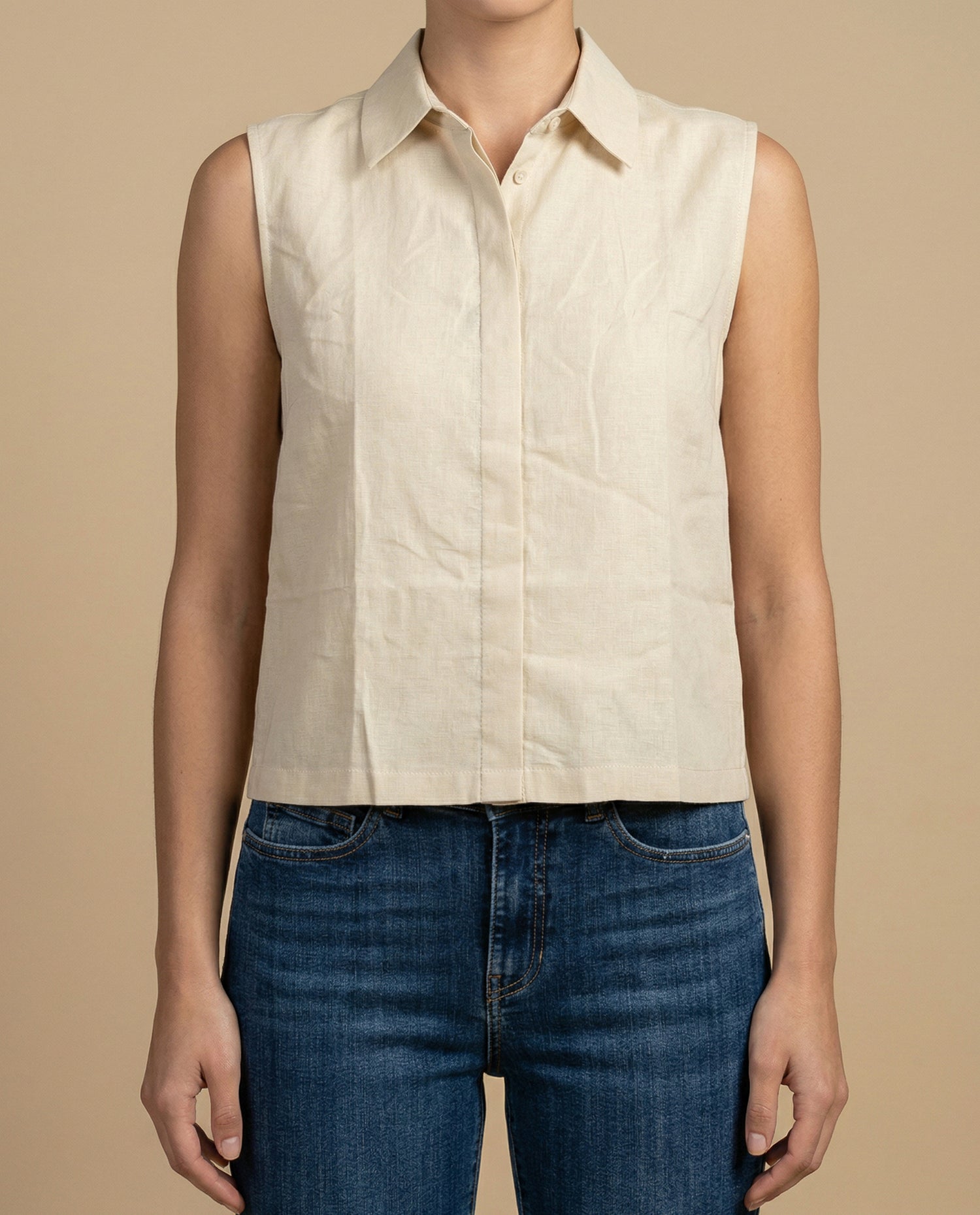 Camisa manga corta en mezcla de lino cuello camisero - Amarillo