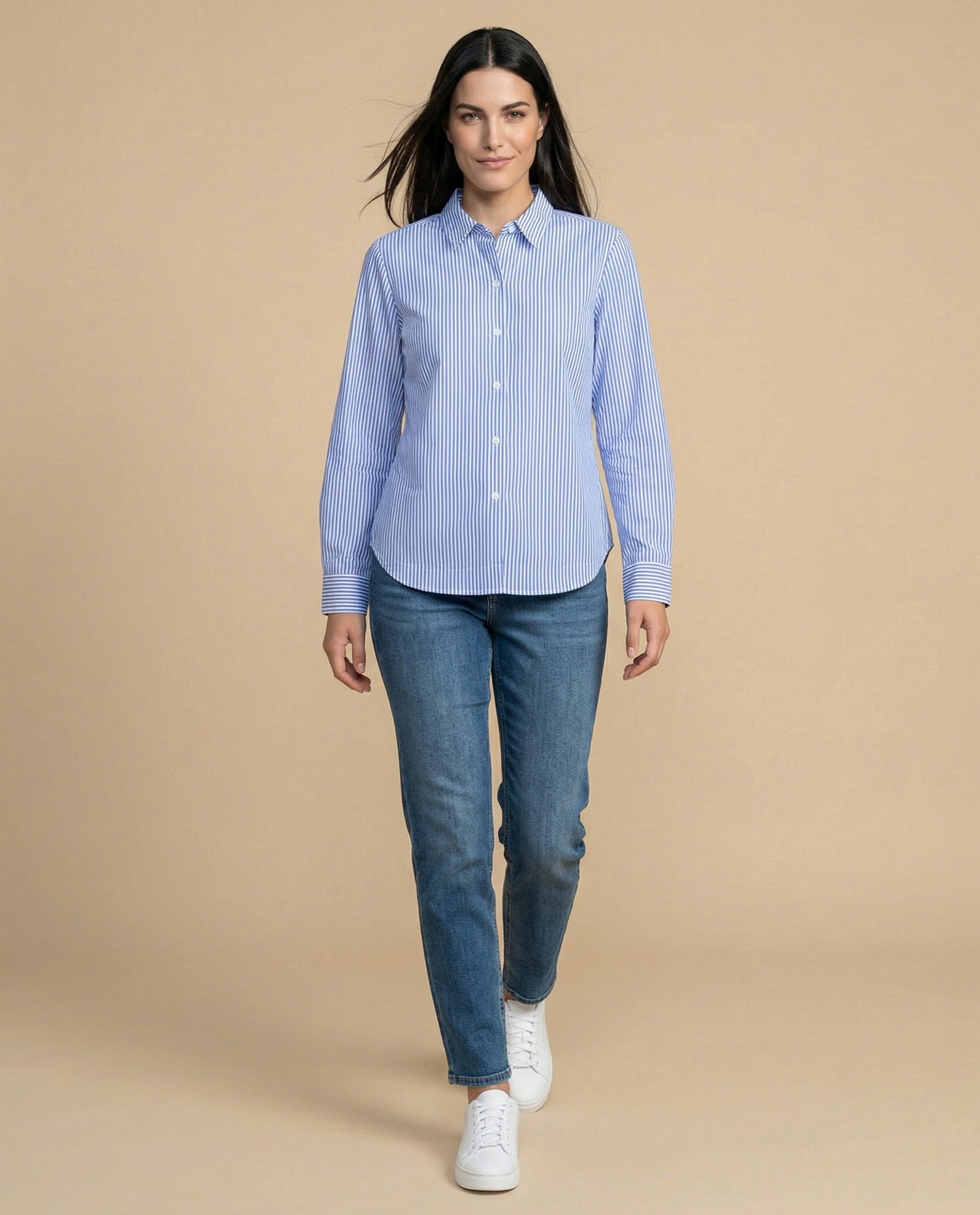 Camisa manga larga cuello camisero en algodón - Azul