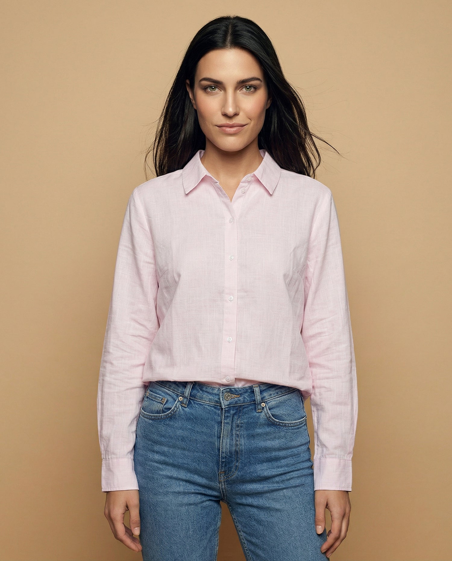 Camisa manga larga cuello camisero en algodón - Rosa