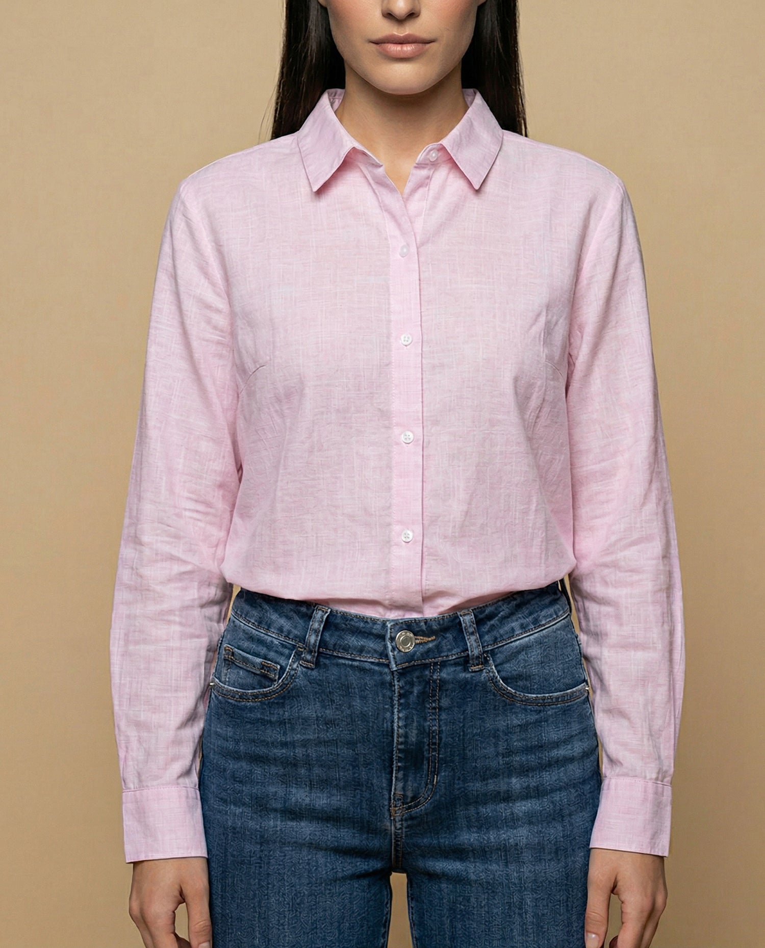 Camisa manga larga cuello camisero en algodón - Rosa