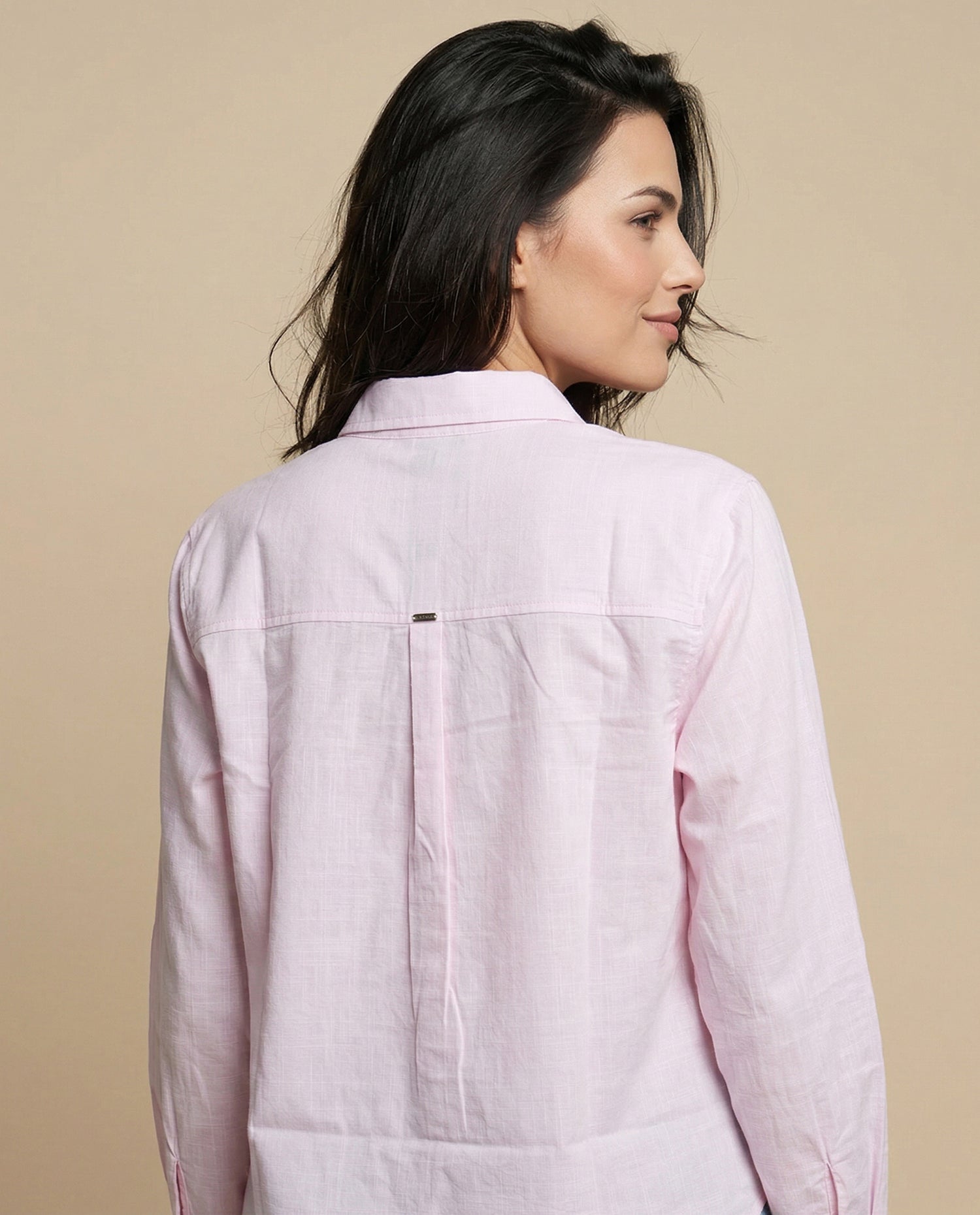 Camisa manga larga cuello camisero en algodón - Rosa