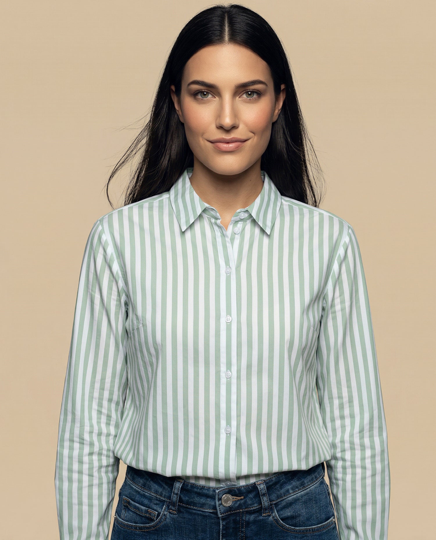 Camisa manga larga cuello camisero en algodón - Verde