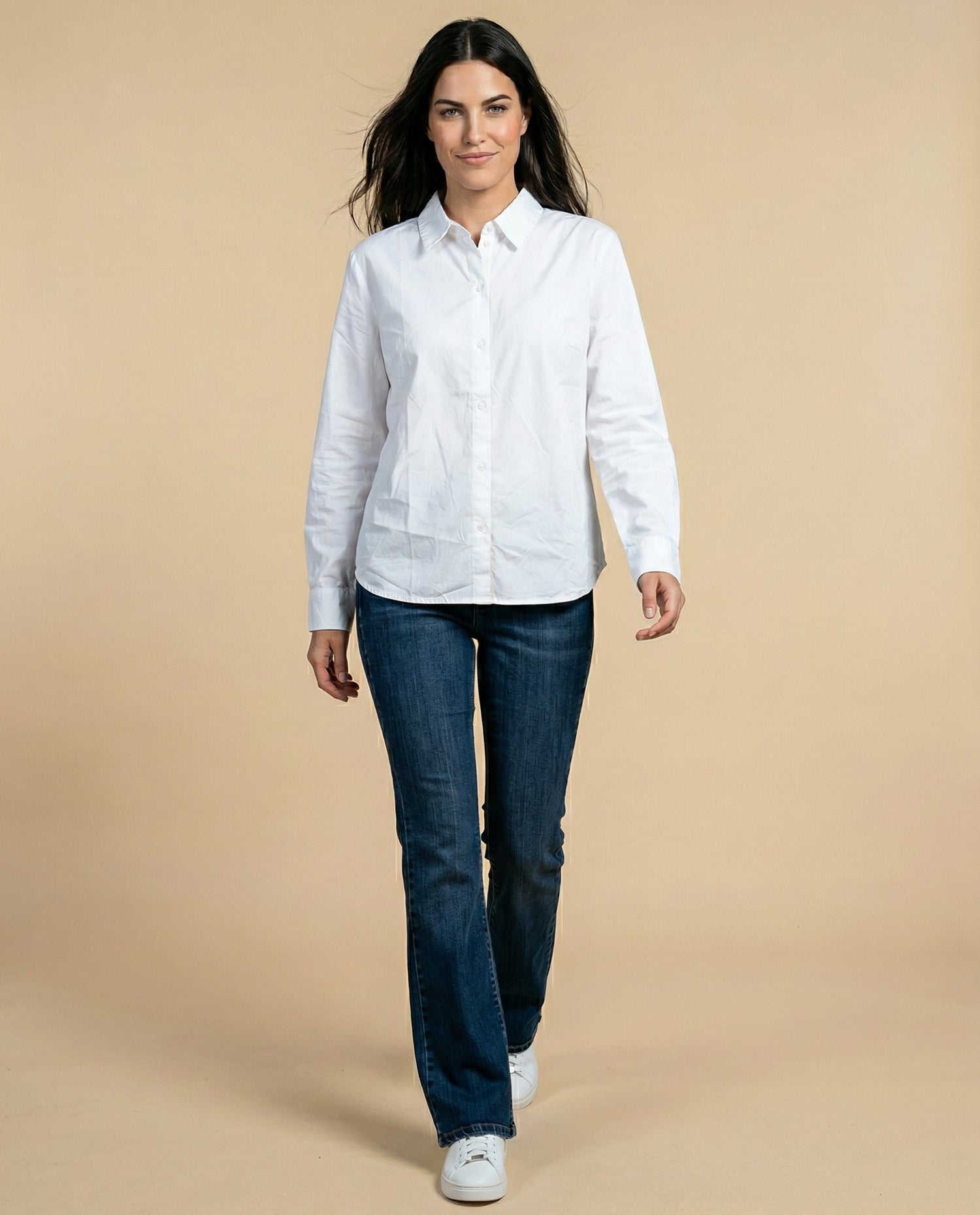 Camisa manga larga cuello camisero en algodón - Blanco