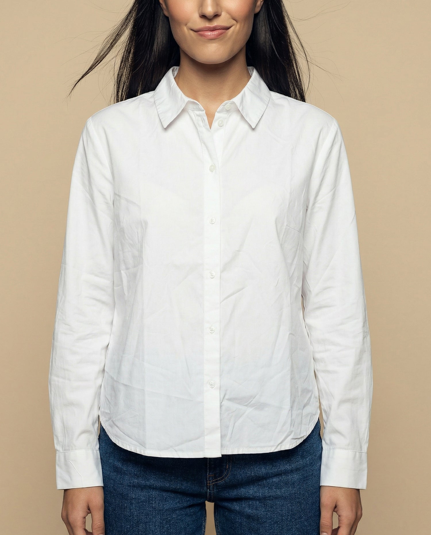 Camisa manga larga cuello camisero en algodón - Blanco