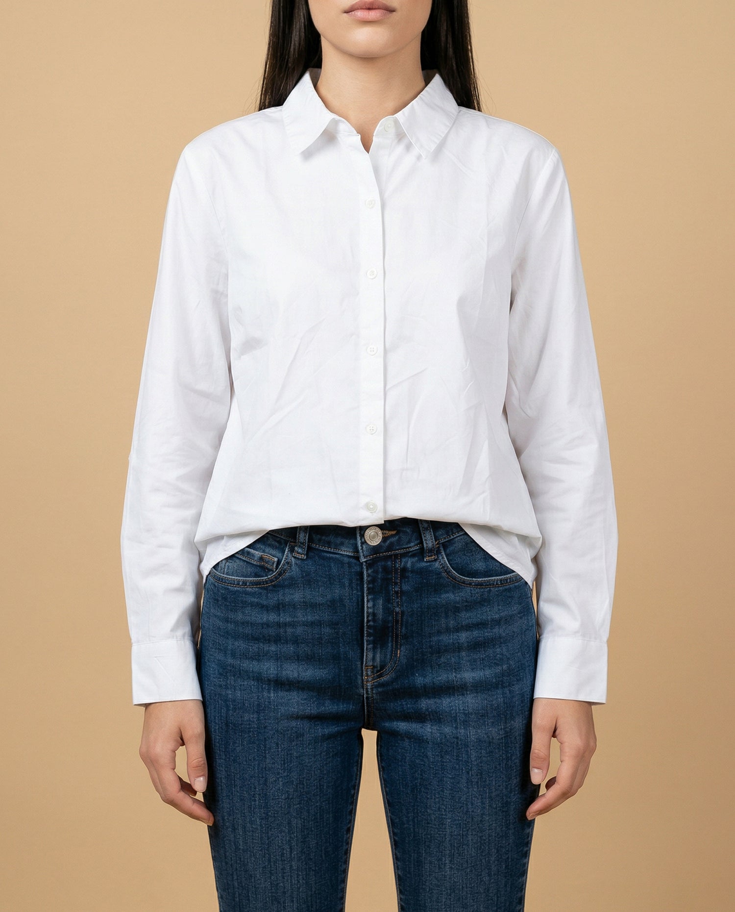 Camisa manga larga cuello camisero en algodón - Blanco