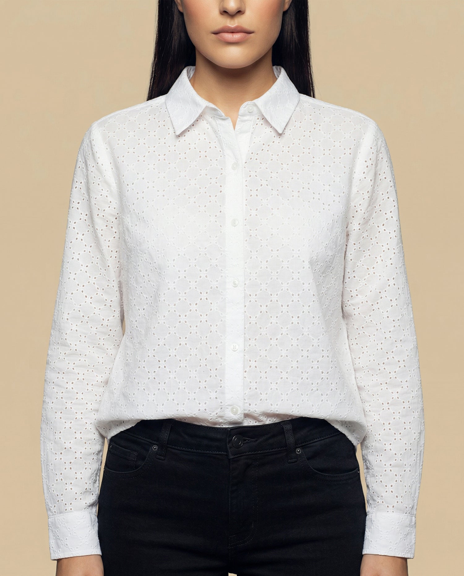 Camisa manga larga con textura de puntos en relieve - Blanco