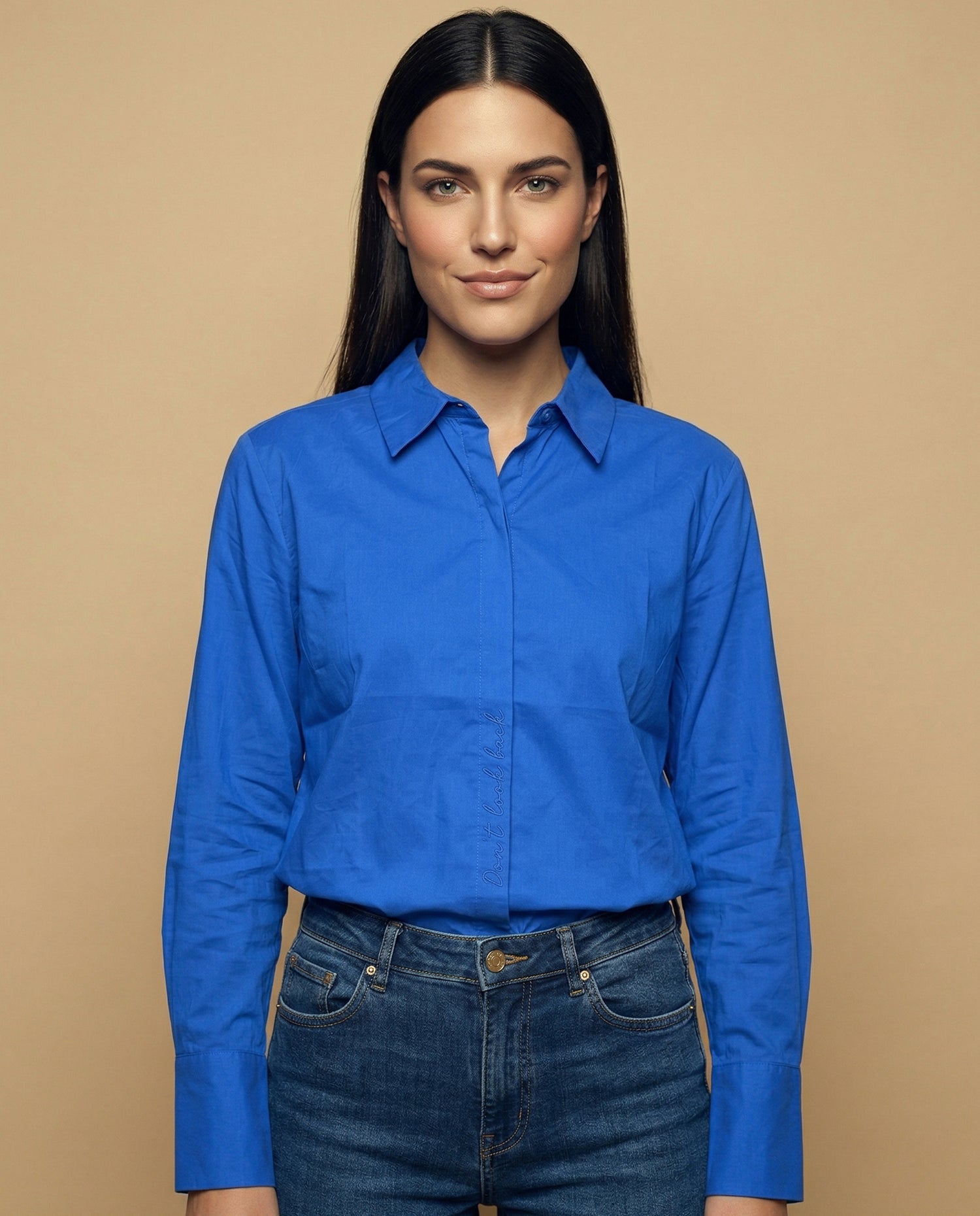 Camisa manga larga cuello camisero en algodón - Azul