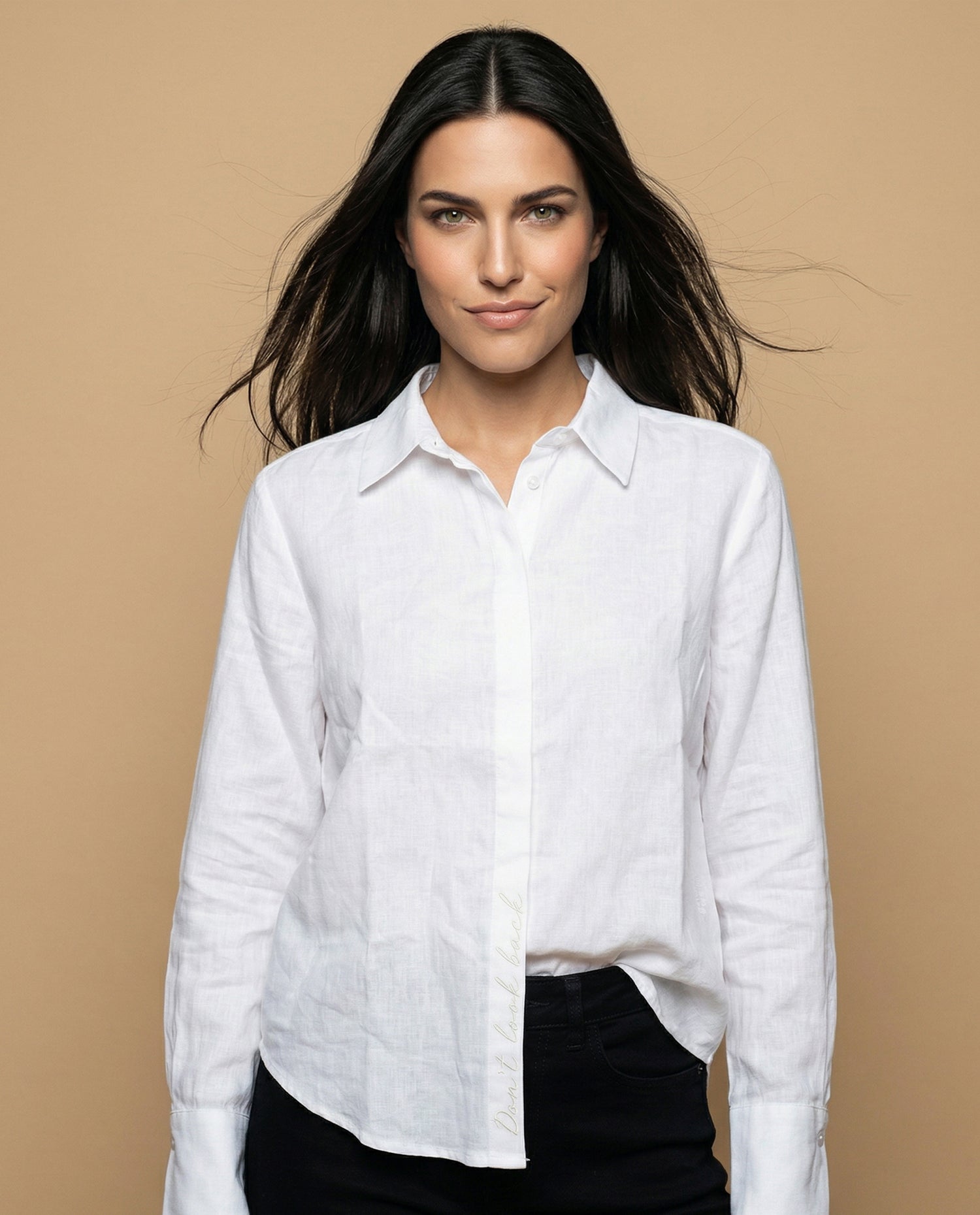Camisa camisera manga larga con mezcla de lino - Blanco