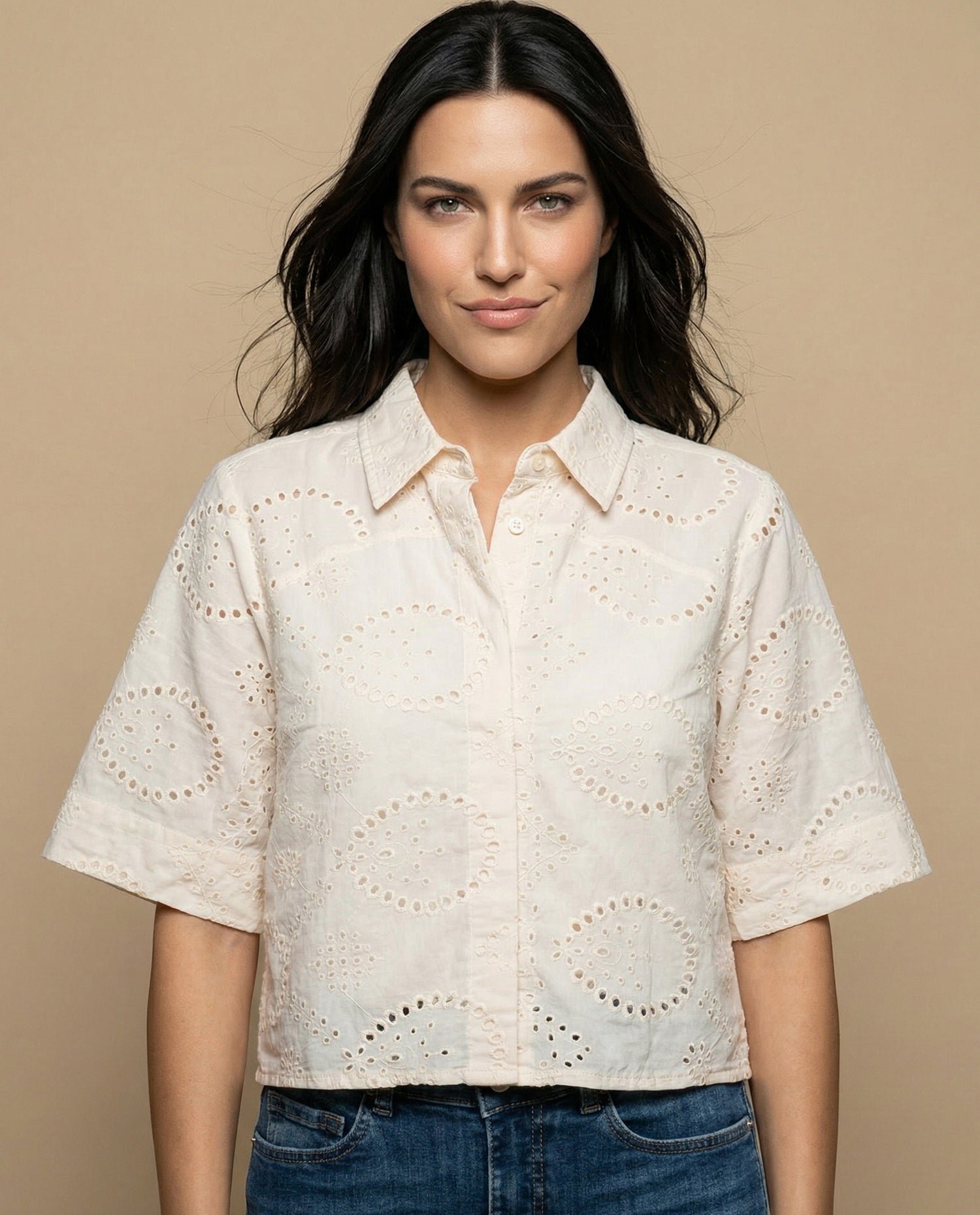 Camisa tejido con textura manga 3/4 cuello camisero - Amarillo